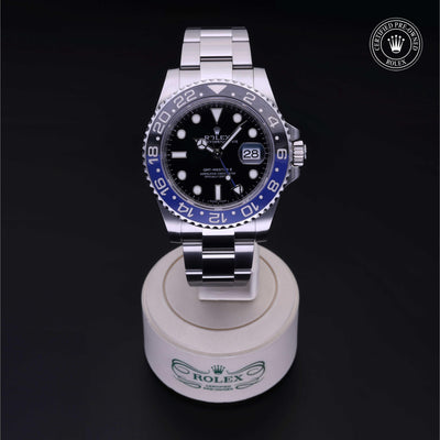 Rolex Certified Pre-owned GMT M116710BLNR-0002 front on black background