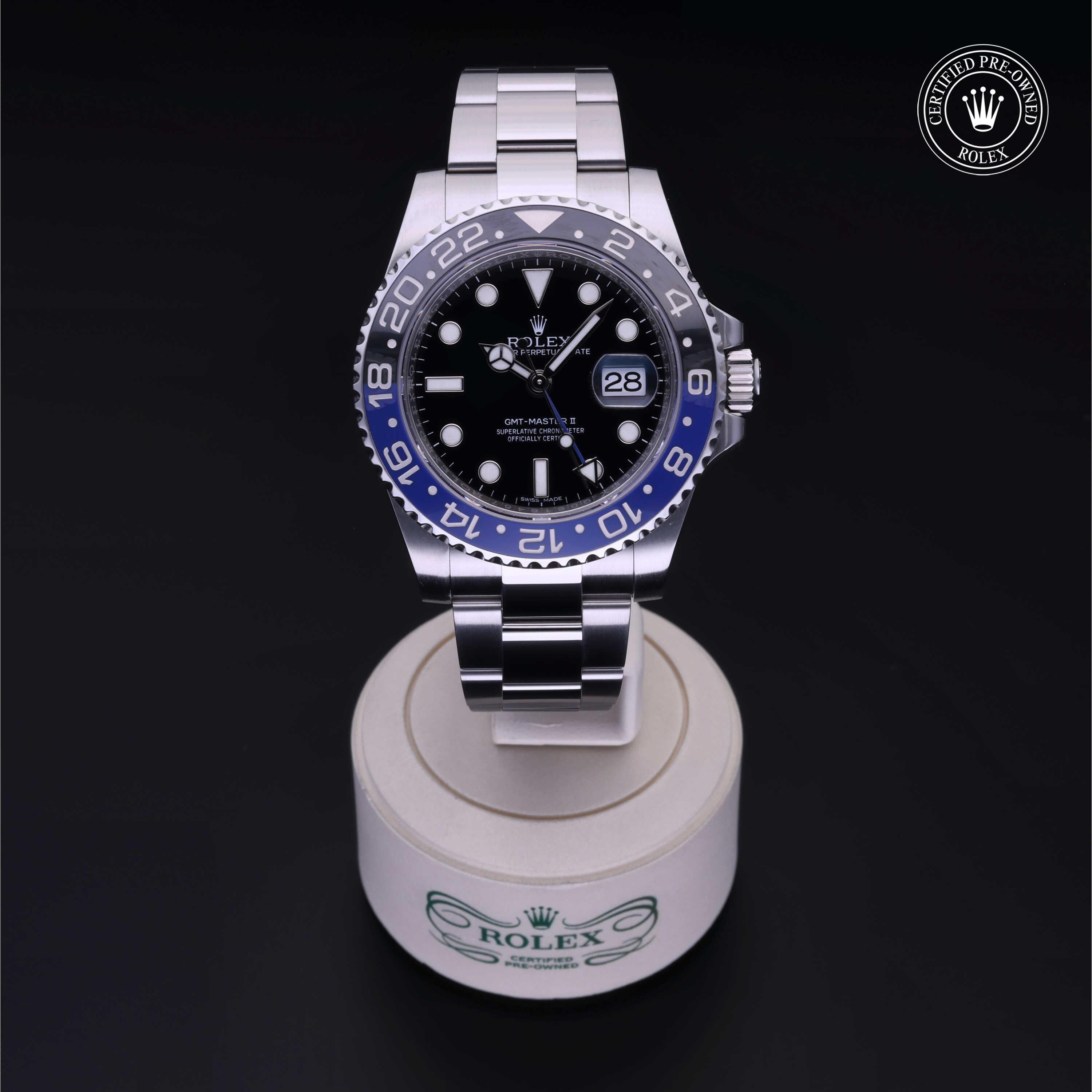 Rolex Certified Pre-owned GMT M116710BLNR-0002 front on black background