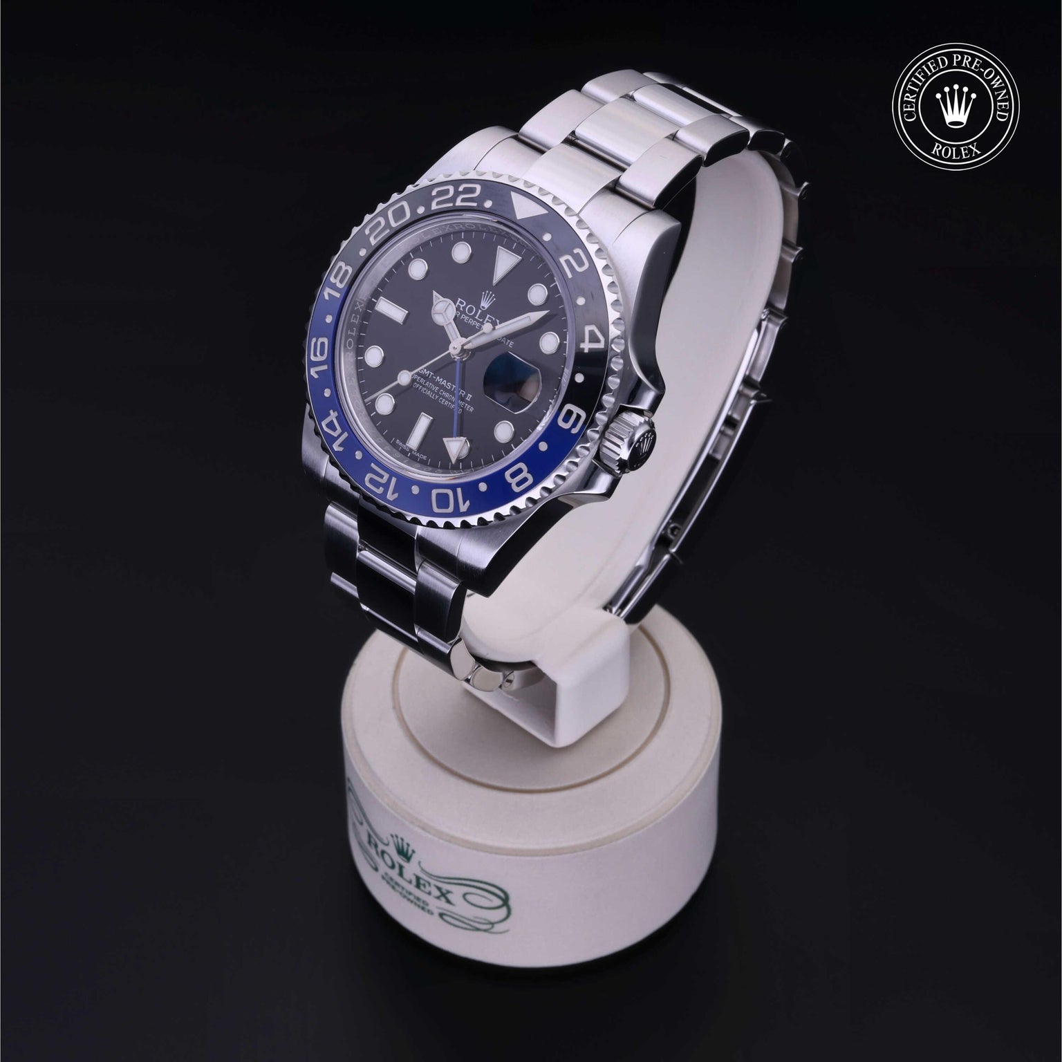 Rolex Certified Pre-owned GMT M116710BLNR-0002 front on black background
