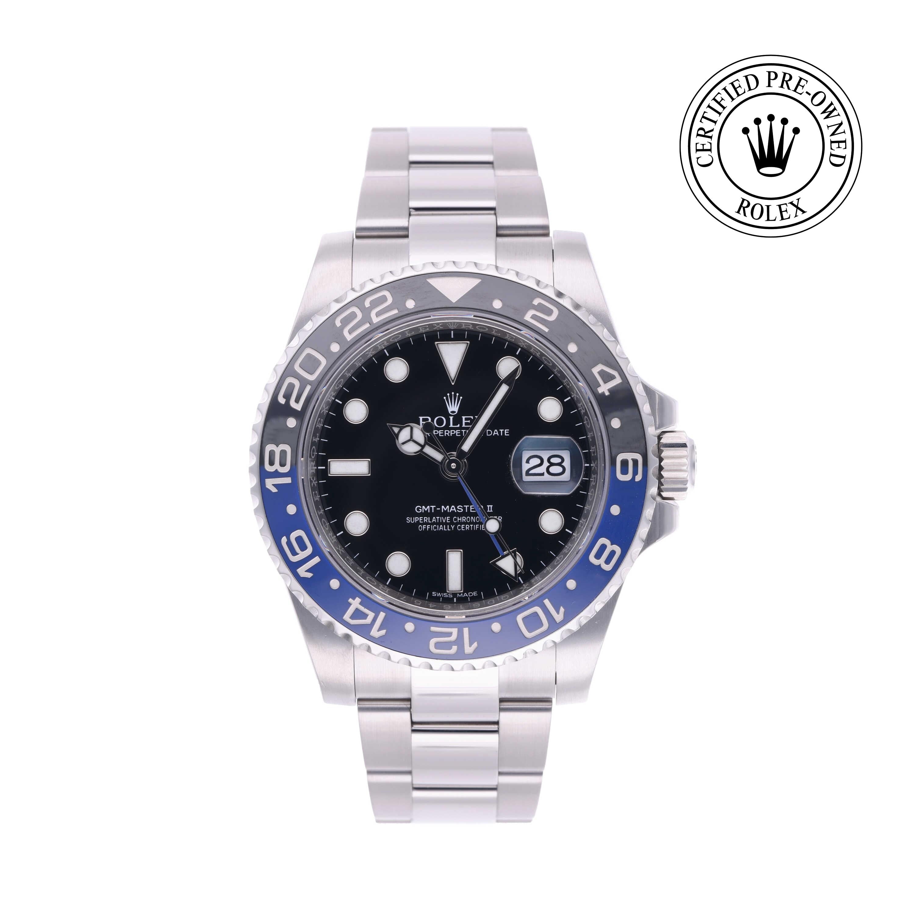 Rolex Certified Pre-owned GMT M116710BLNR-0002 front on white background