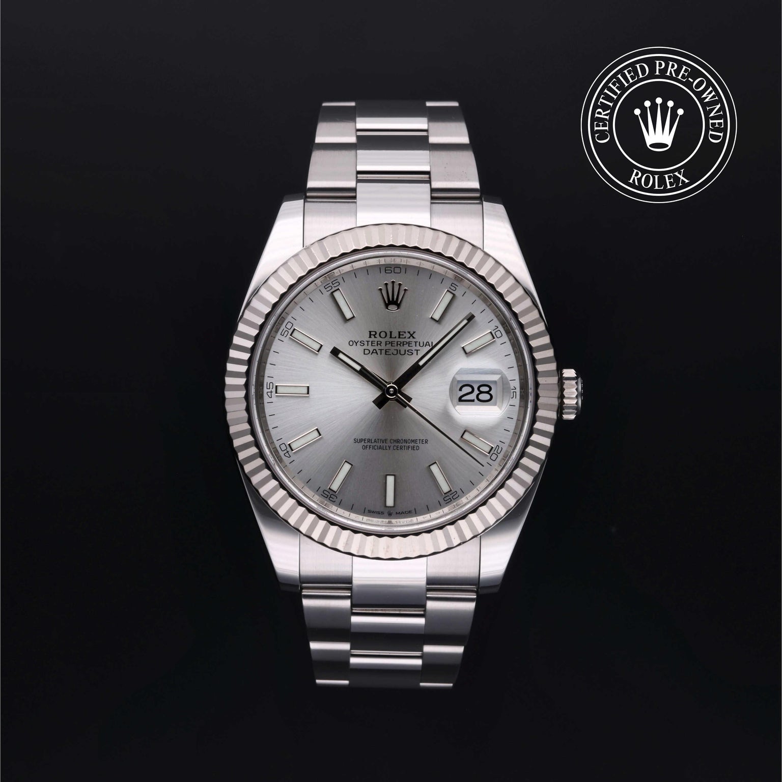 Rolex Certified Pre-owned Datejust M126334-0003 front on black background