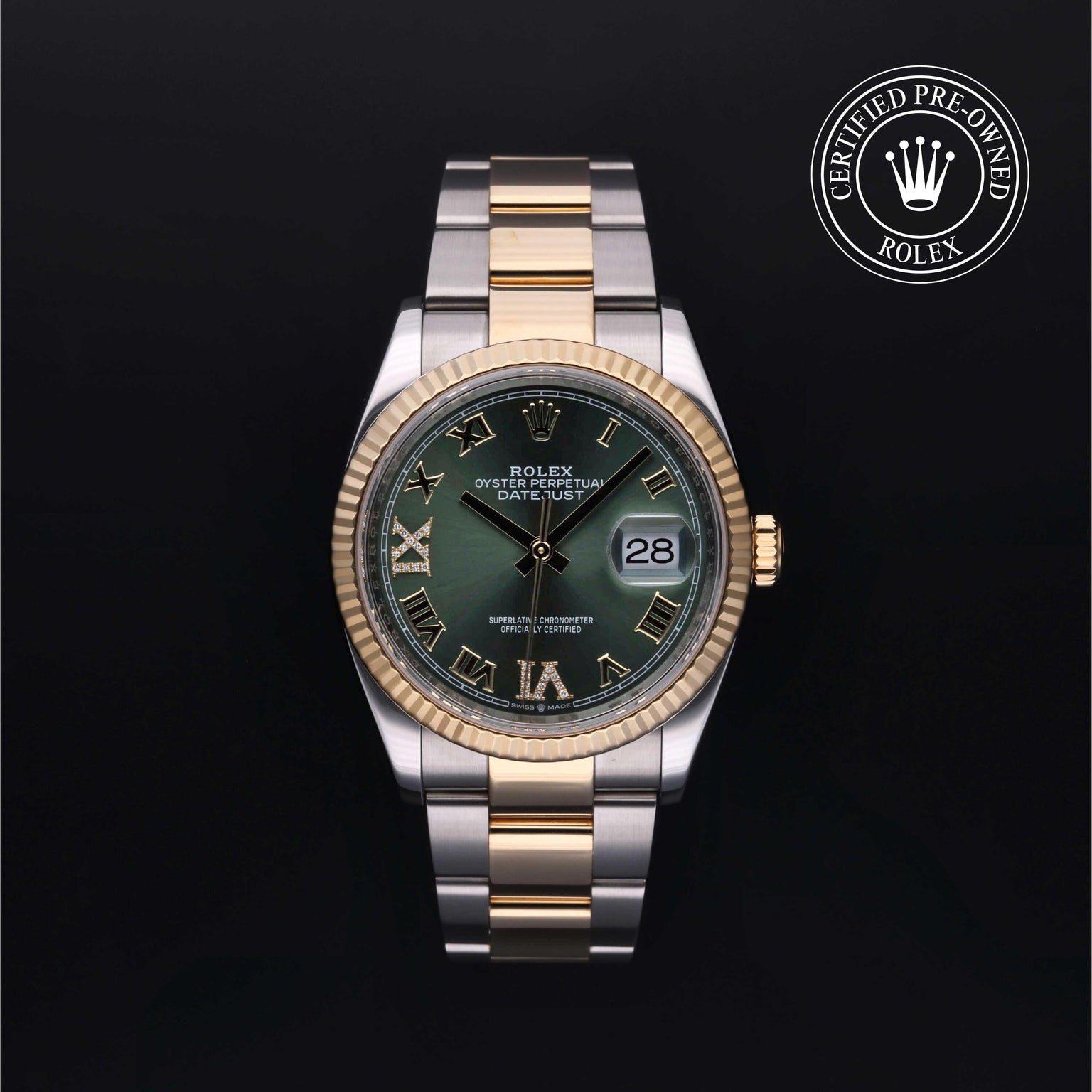 Rolex Certified Pre-owned Datejust M126233-0026 front on black background