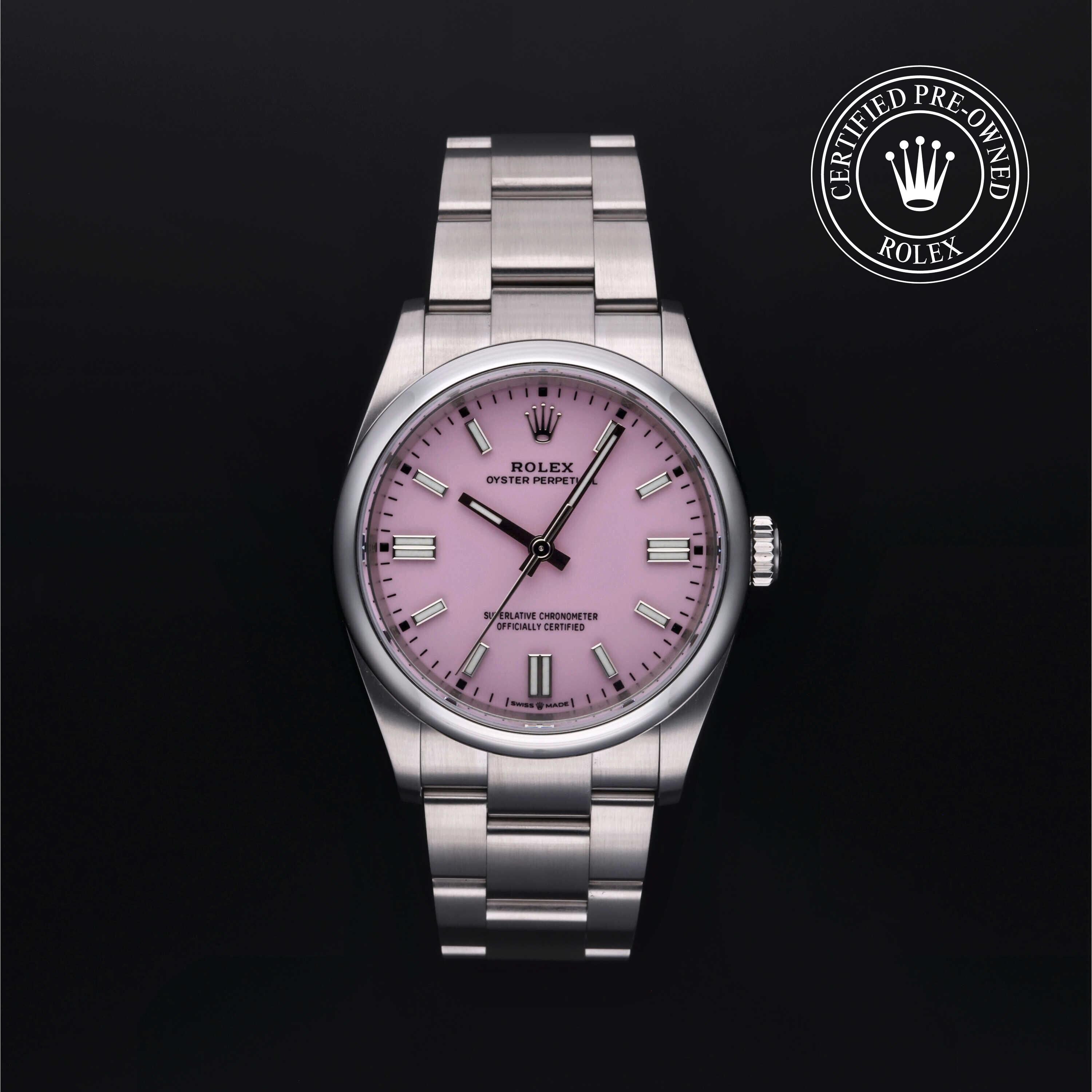 Rolex Certified Pre-owned Oyster Perpetual M126000-0008 front on black background