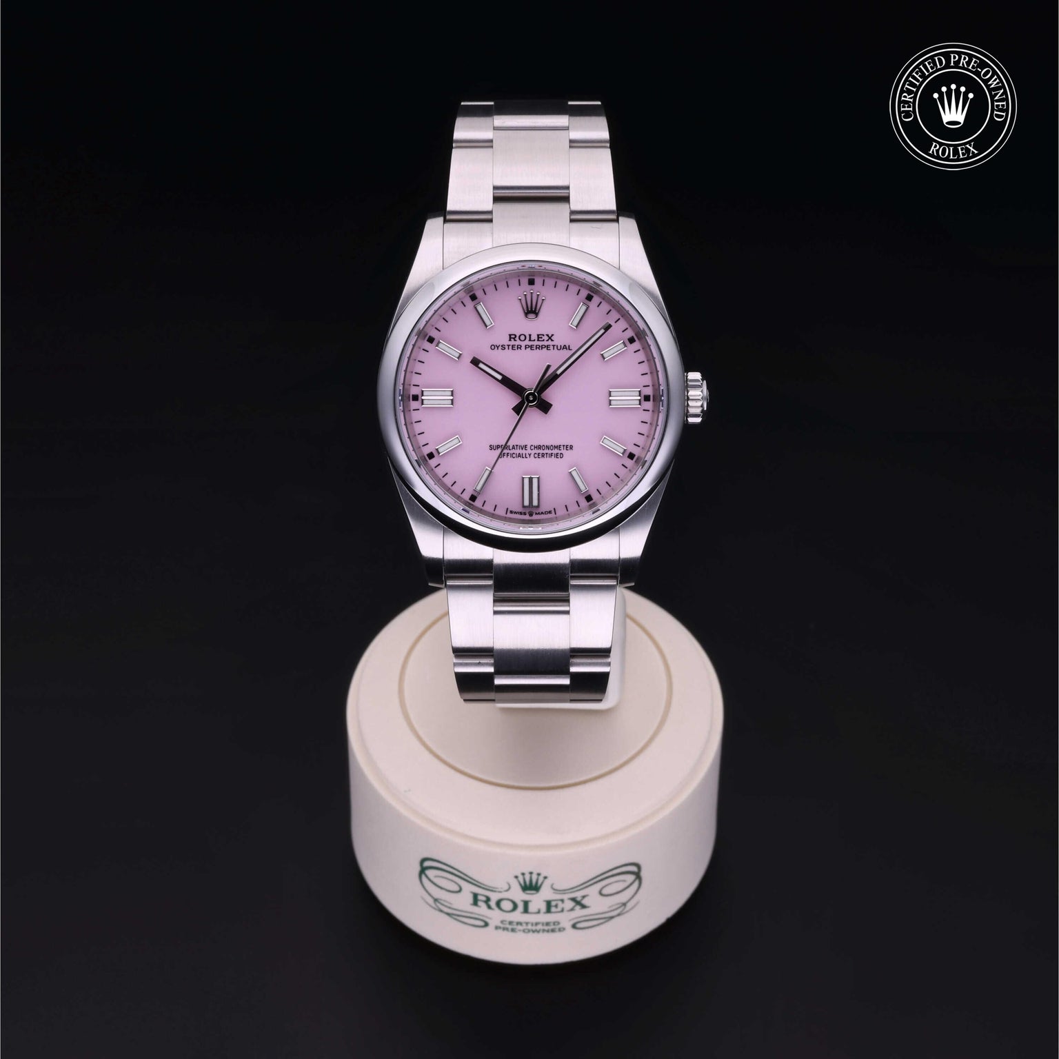Rolex Certified Pre-owned Oyster Perpetual M126000-0008 front on black background