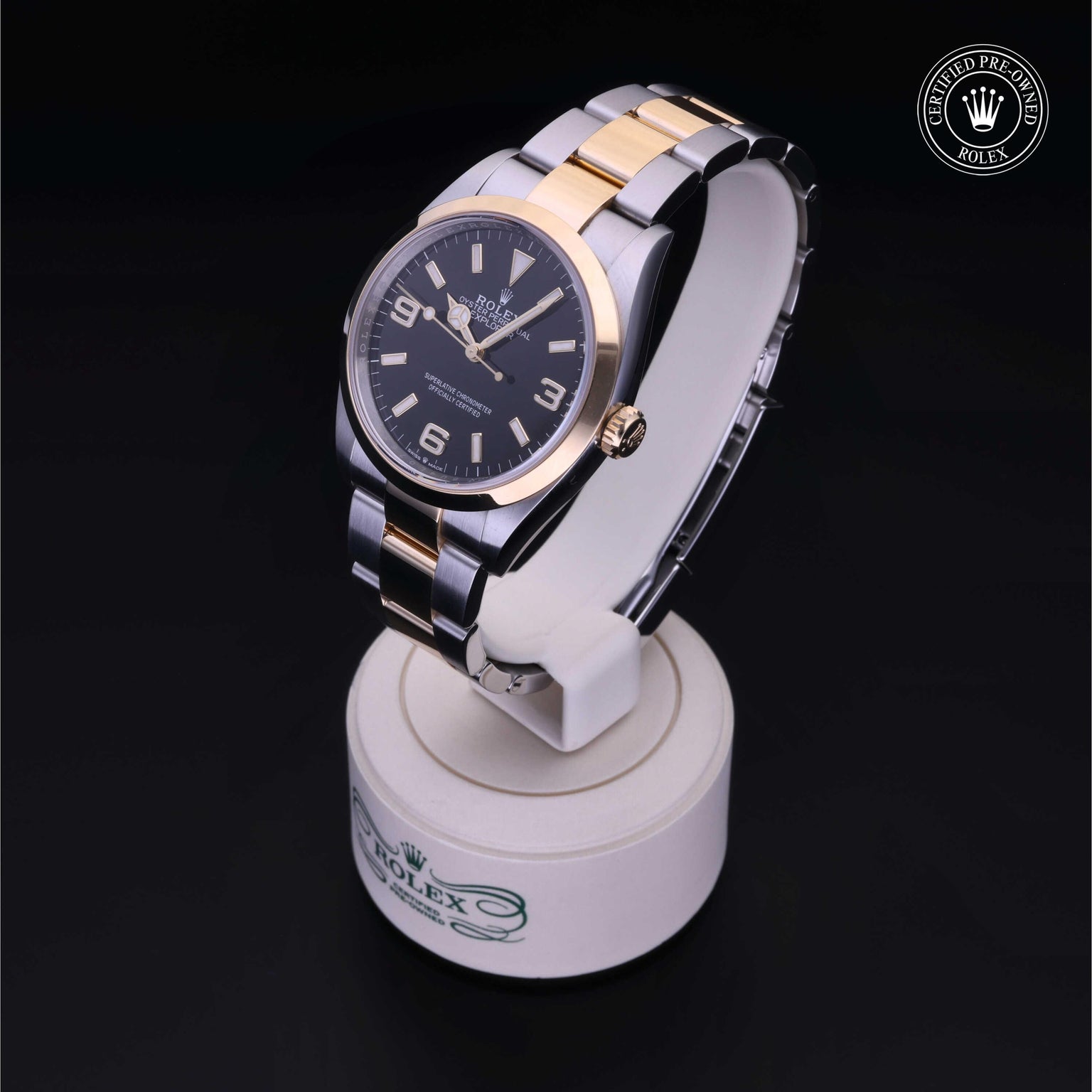Rolex Certified Pre-owned Explorer M124273-0001 front on black background