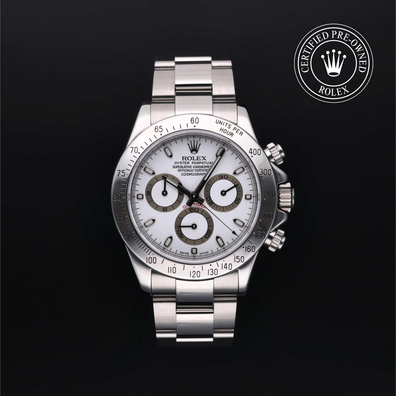 Rolex Certified Pre-owned Daytona M116520-0007 front on black background