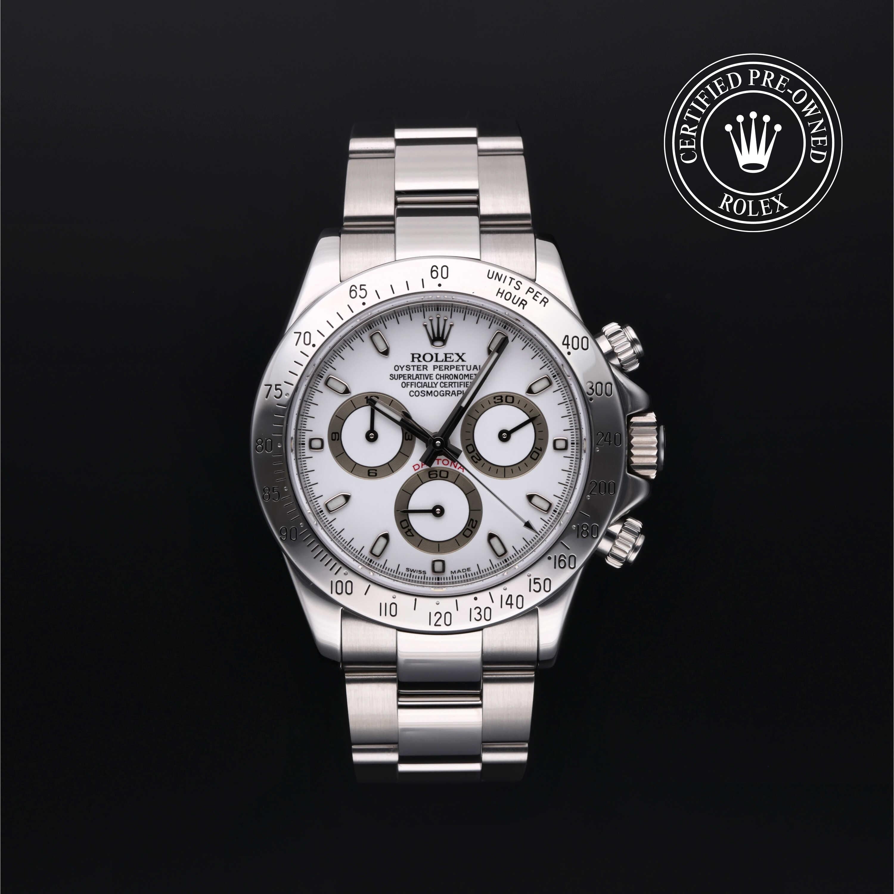 Rolex Certified Pre-owned Daytona M116520-0007 front on black background