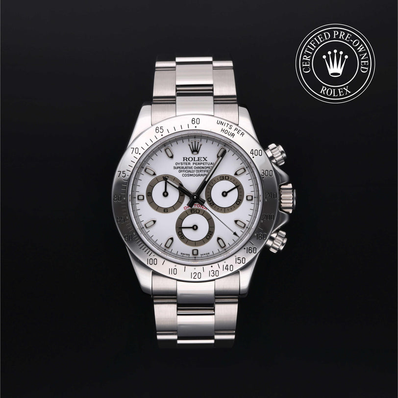 Rolex Certified Pre-owned Daytona M116520-0007 front on black background
