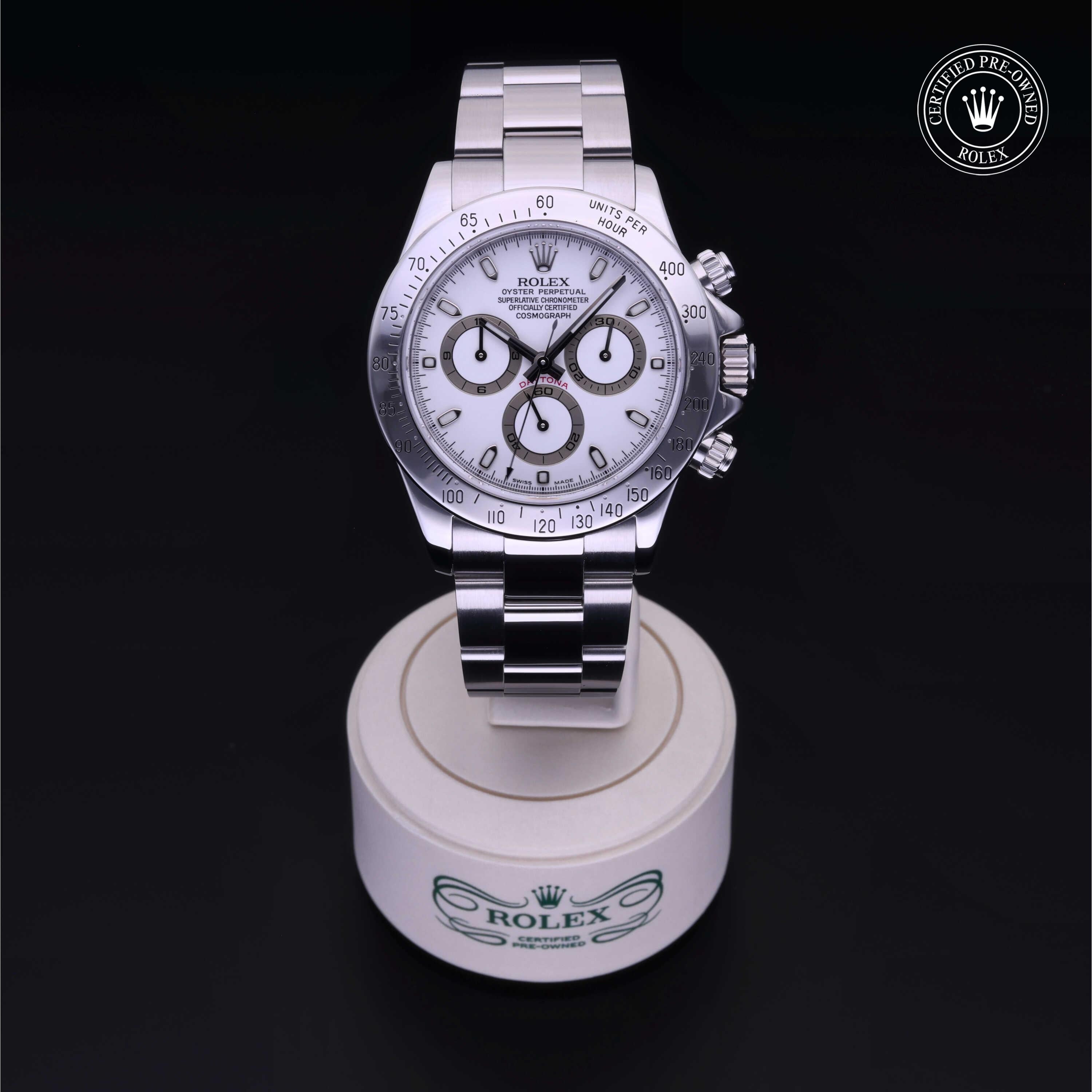 Rolex Certified Pre-owned Daytona M116520-0007 front on black background
