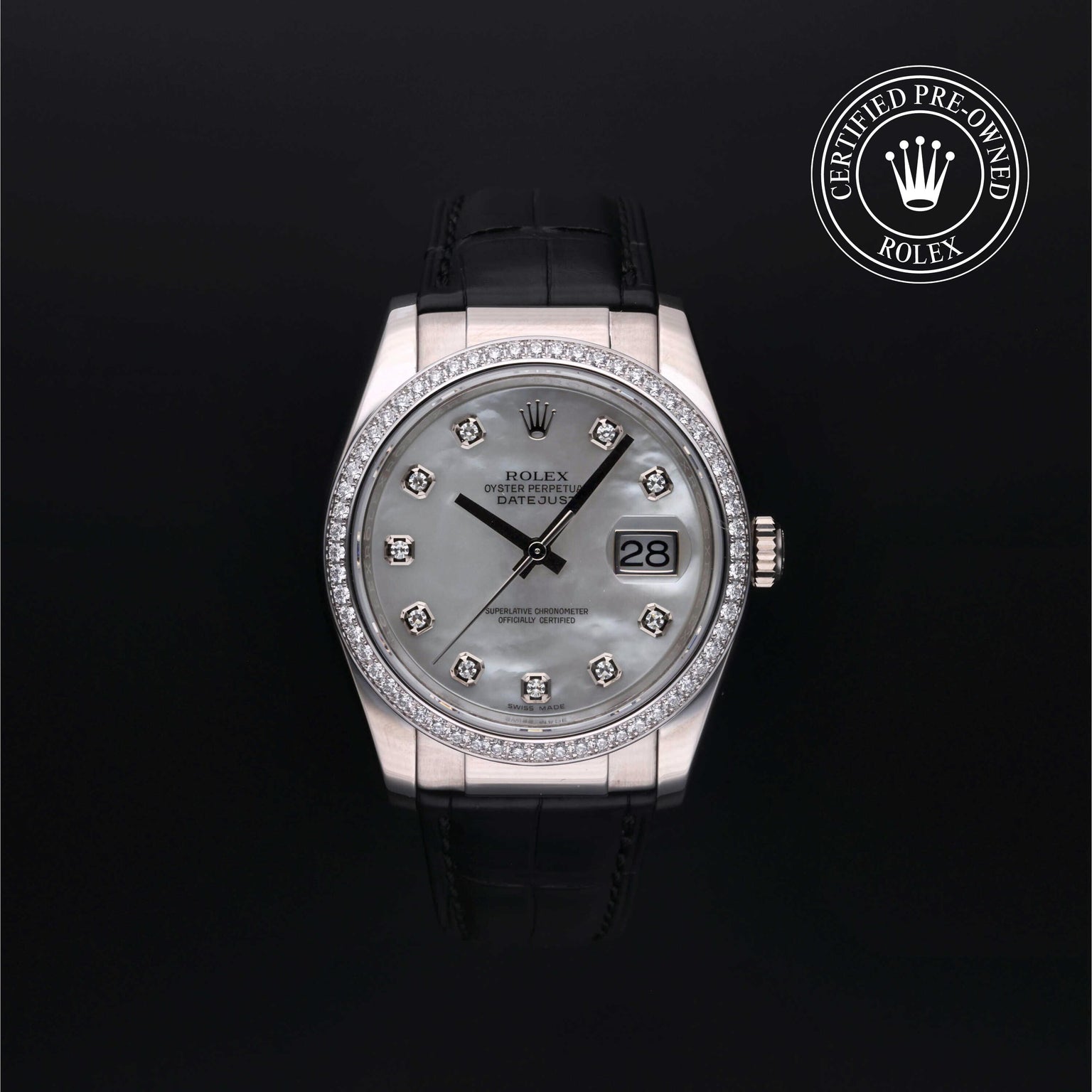 Rolex Certified Pre-owned Datejust M116189-0026 front on black background