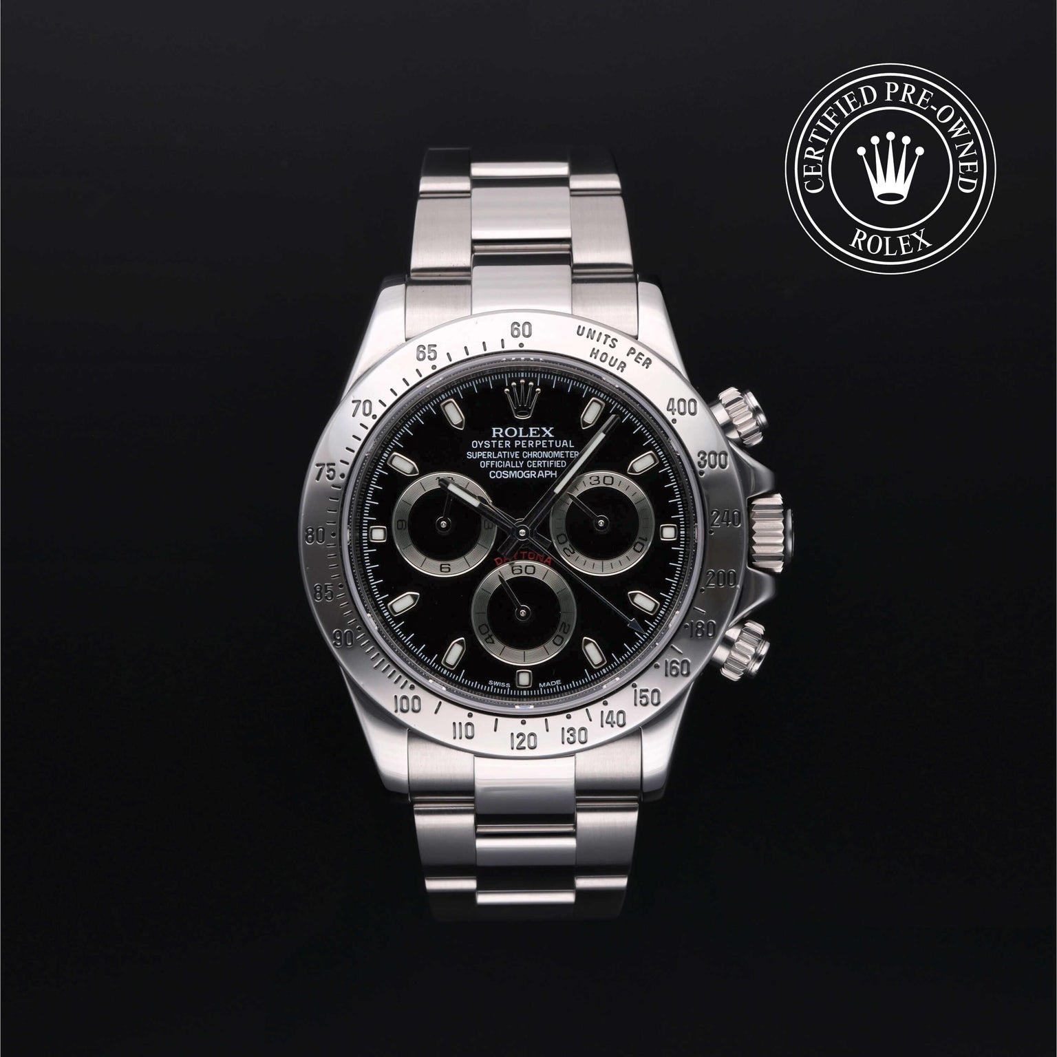 Rolex Certified Pre-owned Daytona M116520-0015 front on black background