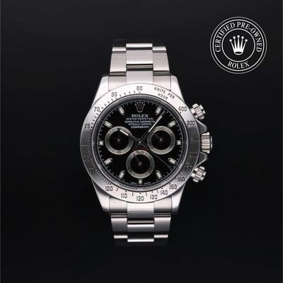Rolex Certified Pre-owned Daytona M116520-0015 front on black background