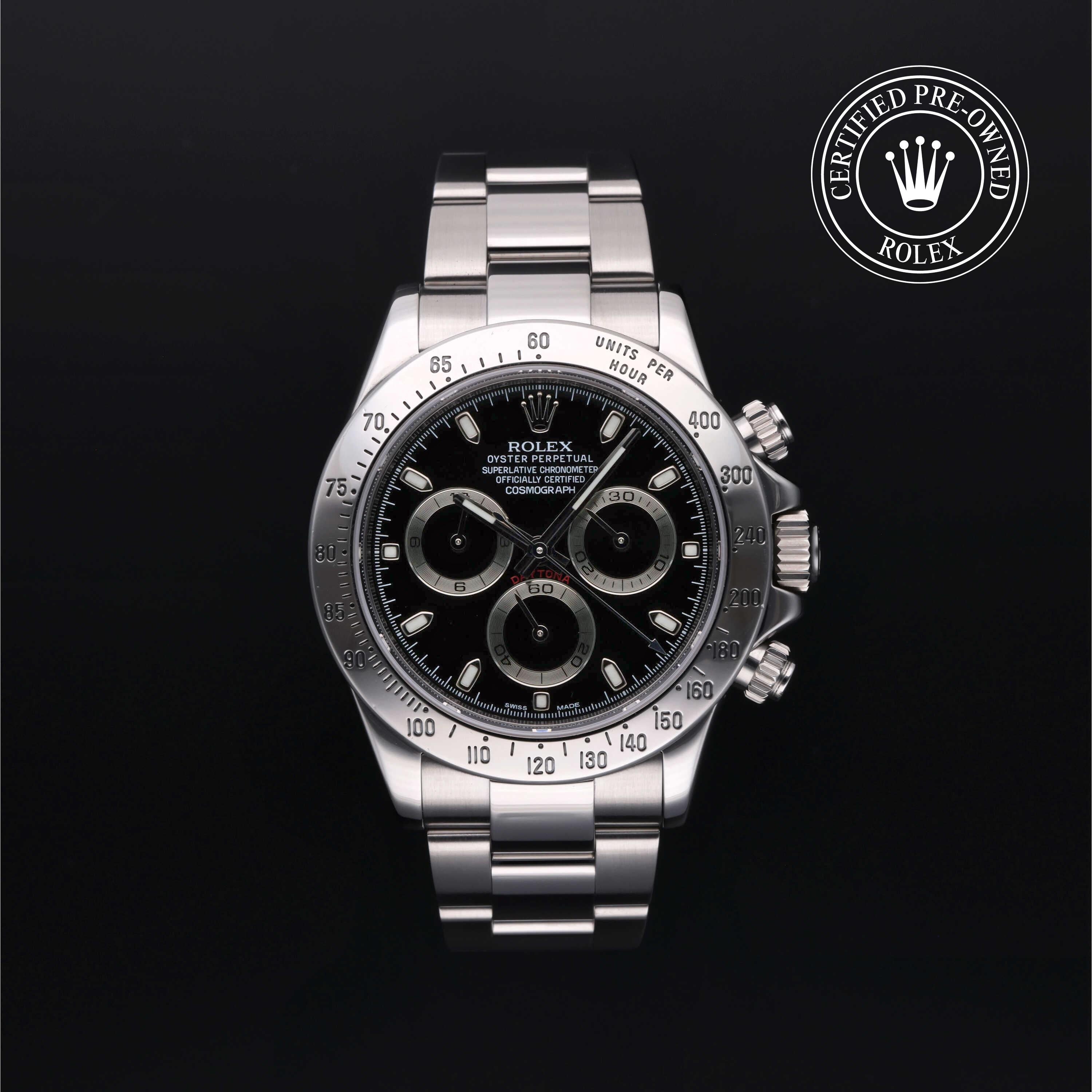 Rolex Certified Pre-owned Daytona M116520-0015 front on black background