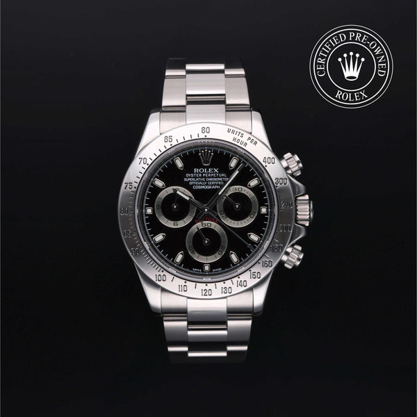 Rolex Certified Pre-owned Daytona M116520-0015 front on black background