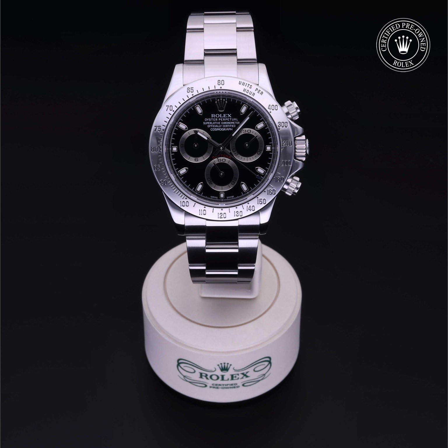 Rolex Certified Pre-owned Daytona M116520-0015 front on black background