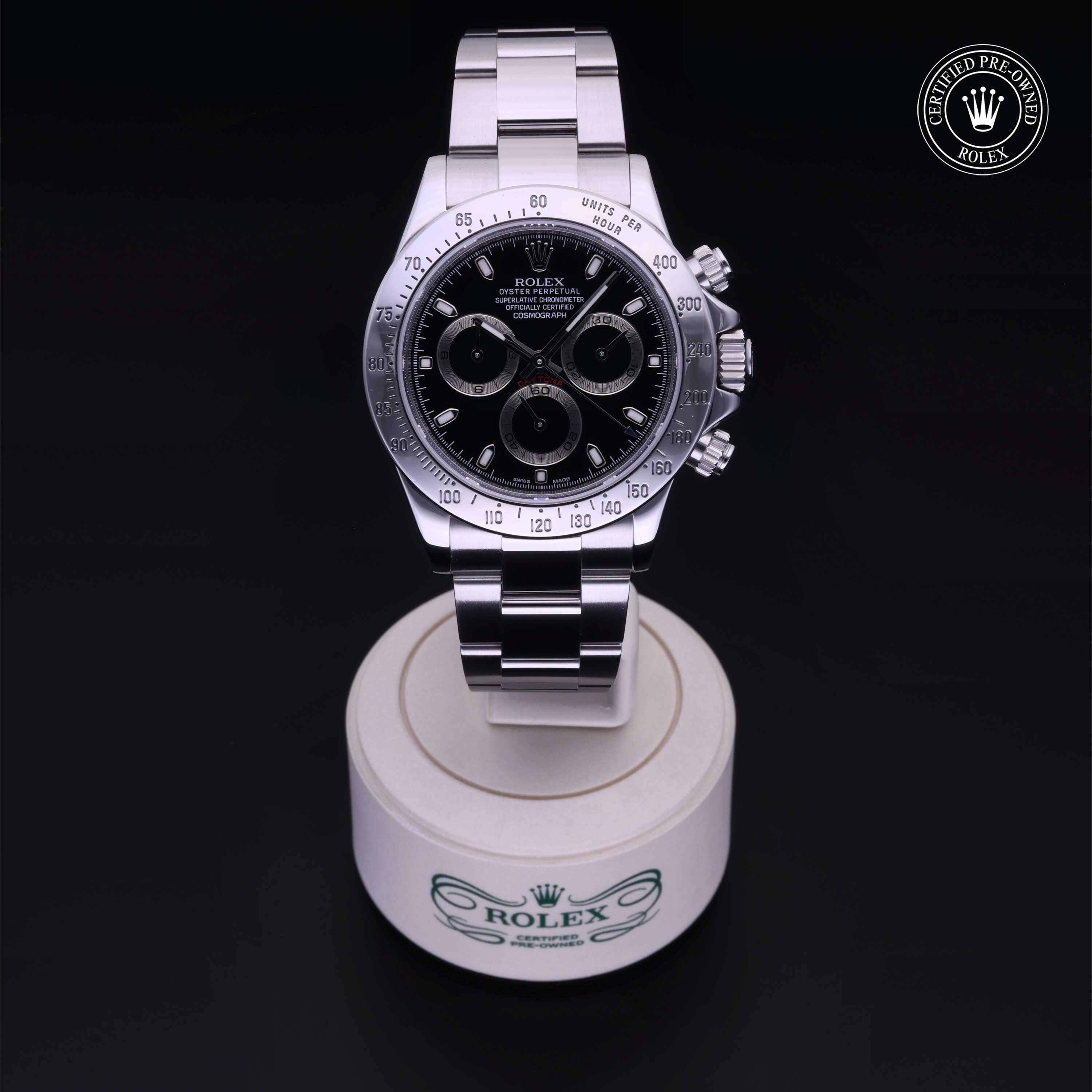 Rolex Certified Pre-owned Daytona M116520-0015 front on black background