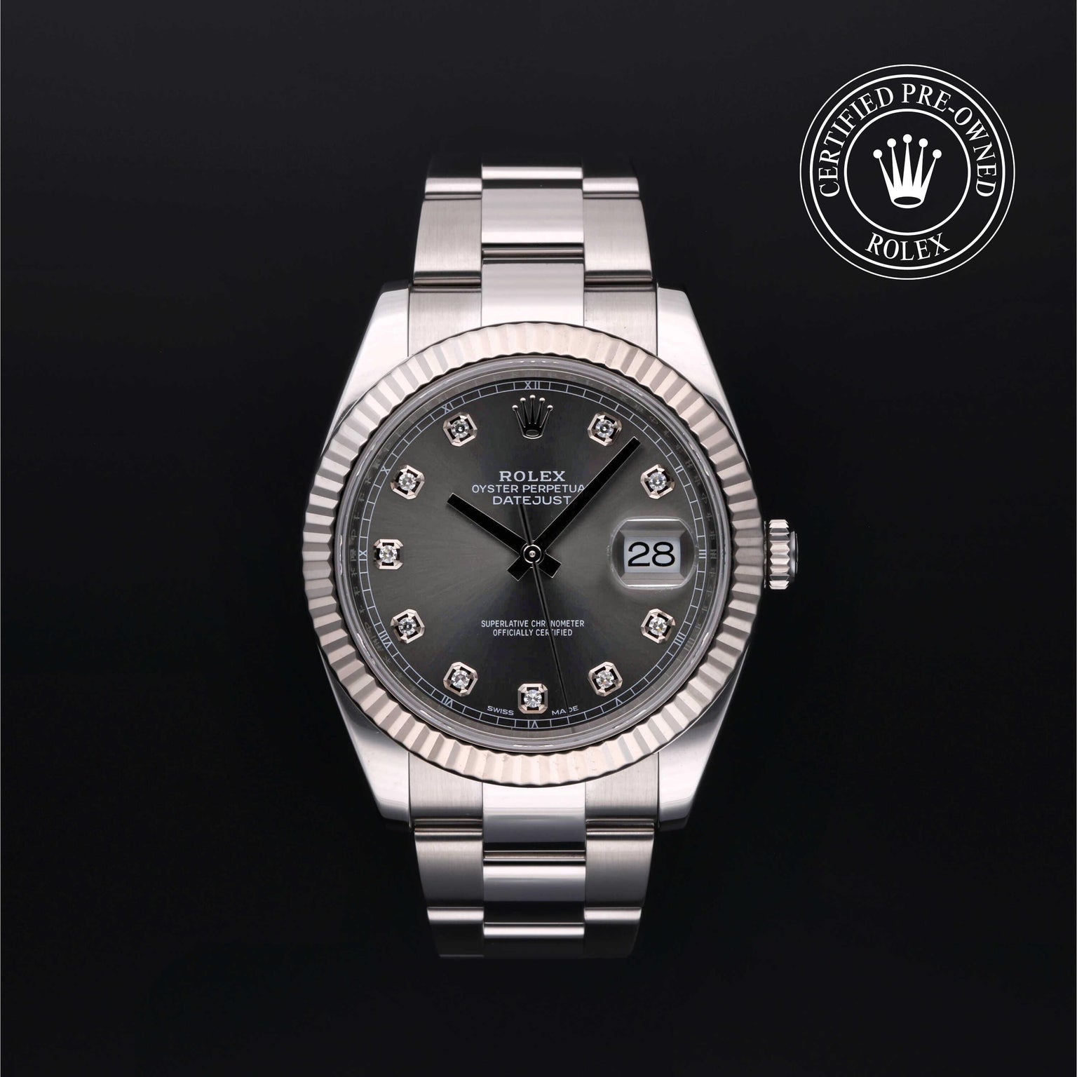 Rolex Certified Pre-owned Datejust M126334-0005 front on black background