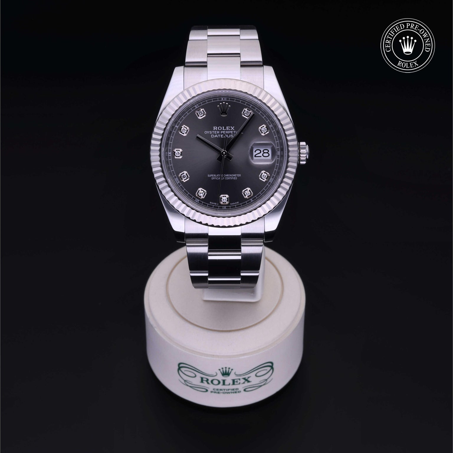 Rolex Certified Pre-owned Datejust M126334-0005 front on black background