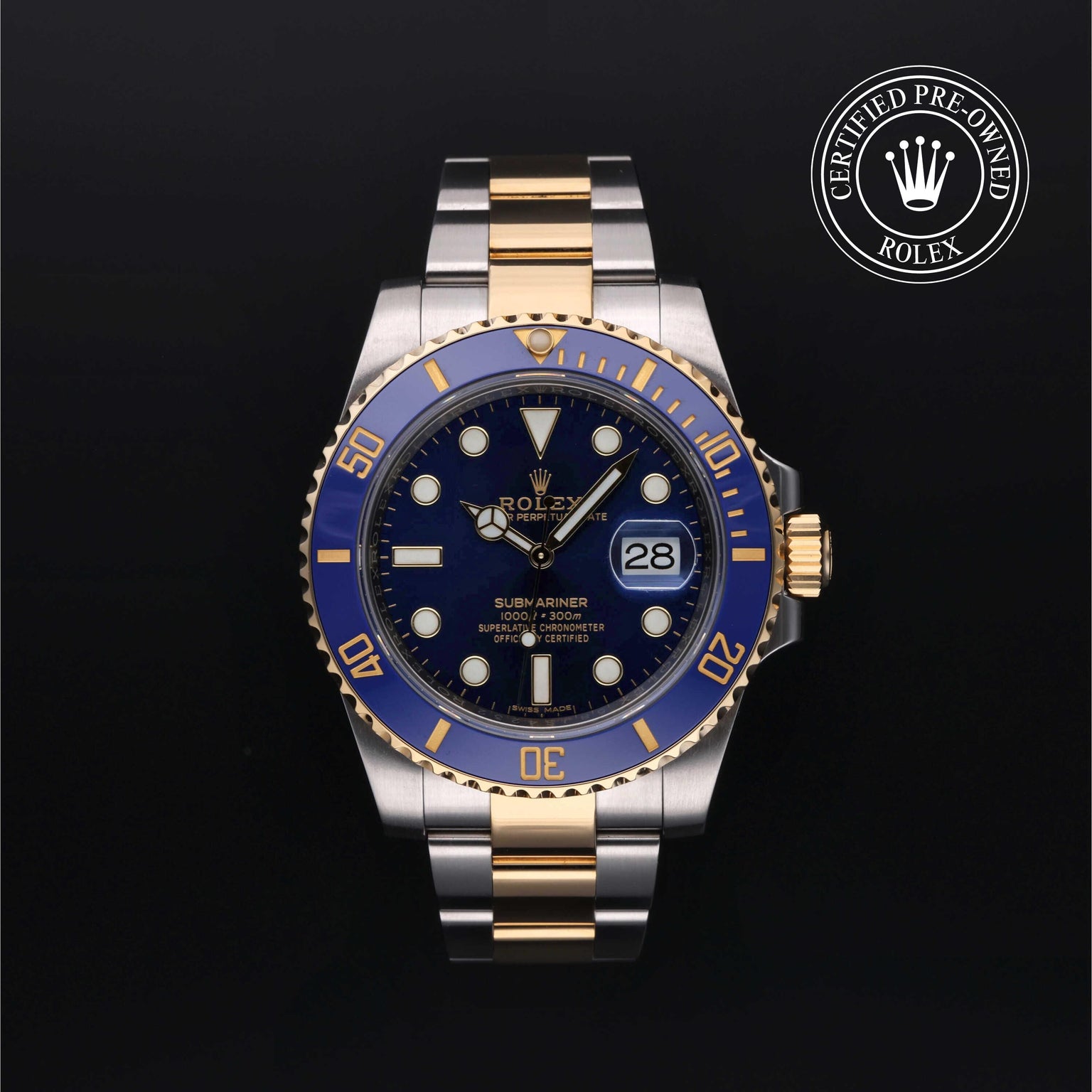 Rolex Certified Pre-owned Submariner M116613LB-0005 front on black background