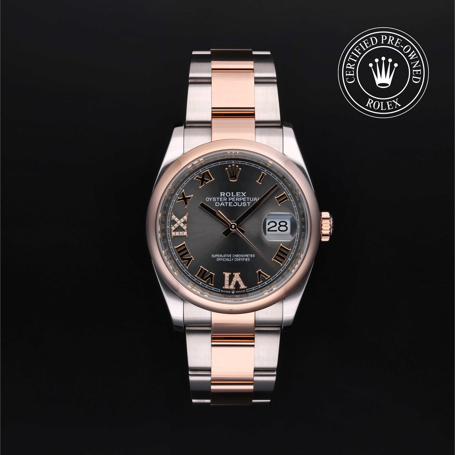 Rolex Certified Pre-owned Datejust M126201-0024 front on black background