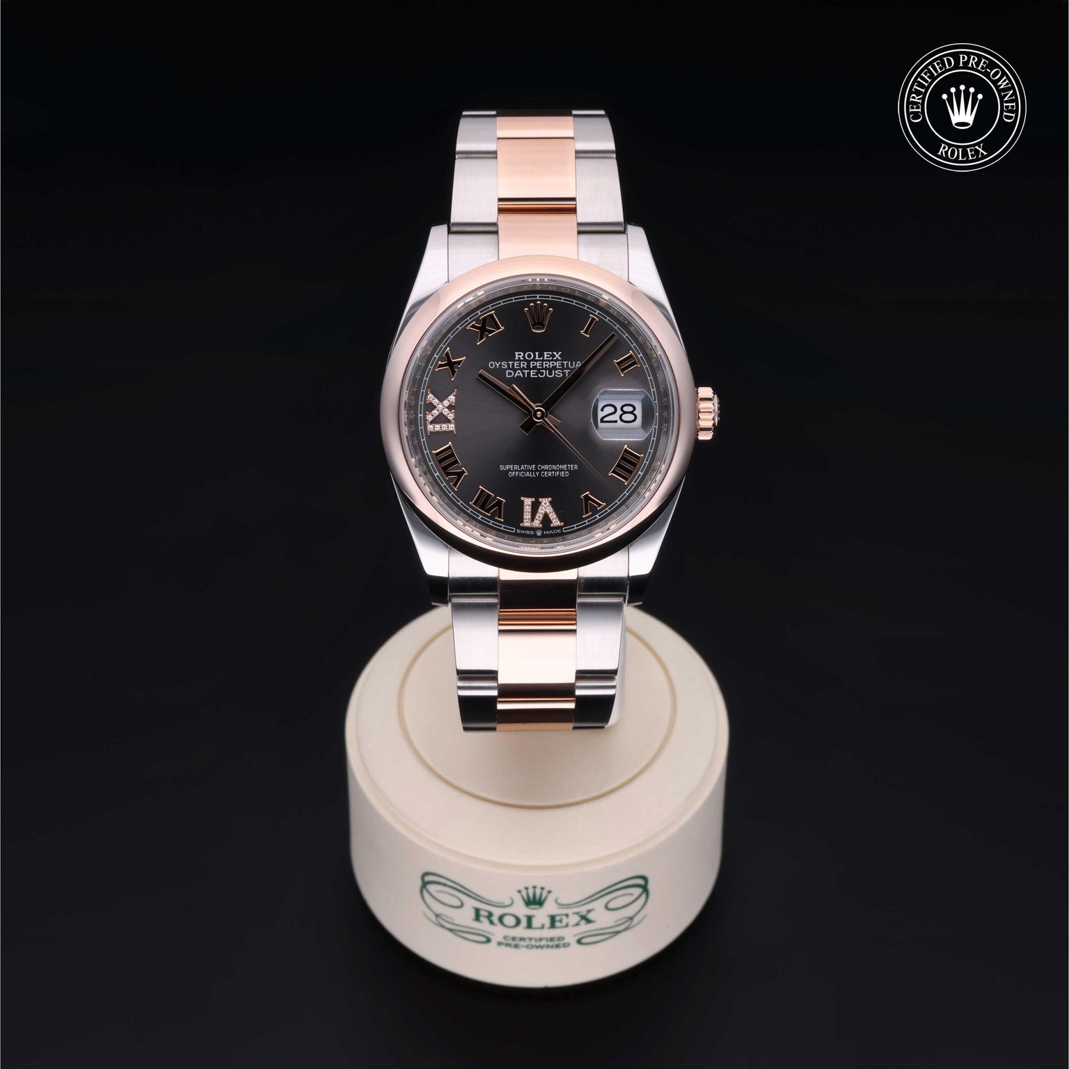 Rolex Certified Pre-owned Datejust M126201-0024 front on black background