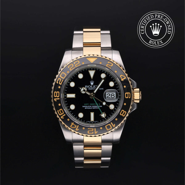 Rolex Certified Pre-owned GMT M116713LN-0001 front on black background