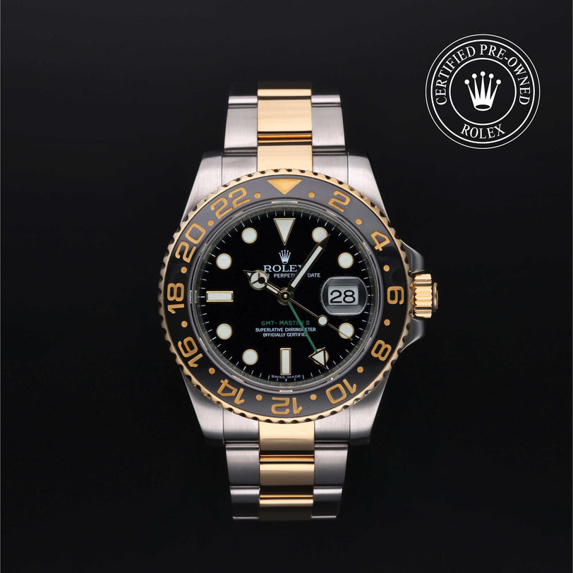 Rolex Certified Pre-owned GMT M116713LN-0001 front on black background