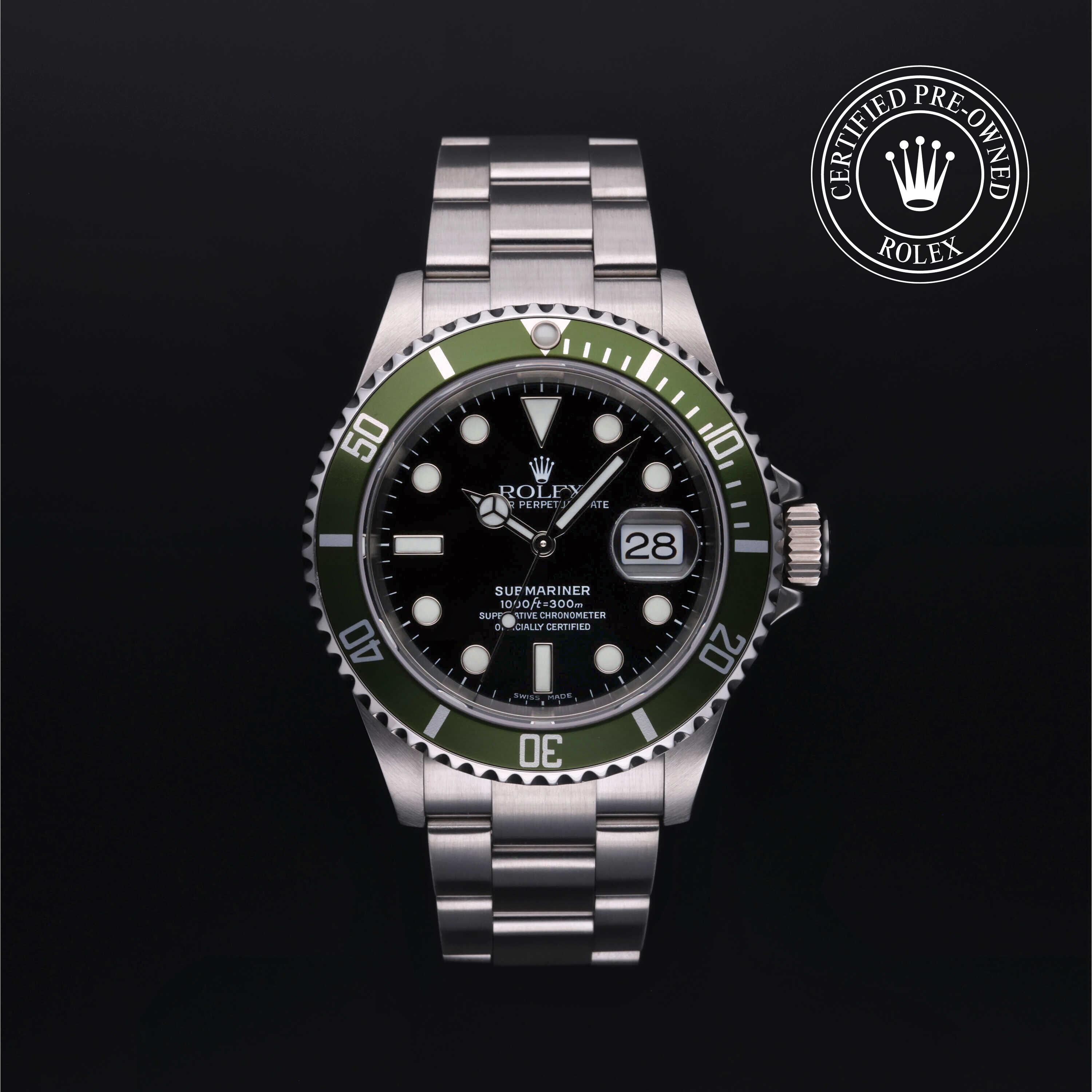 Rolex Certified Pre-owned Submariner M16610LV-0002 front on black background