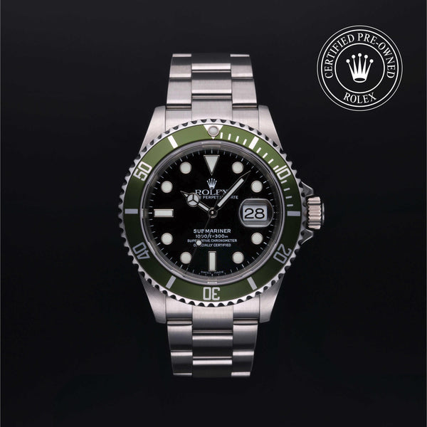 Rolex Certified Pre-owned Submariner M16610LV-0002 front on black background
