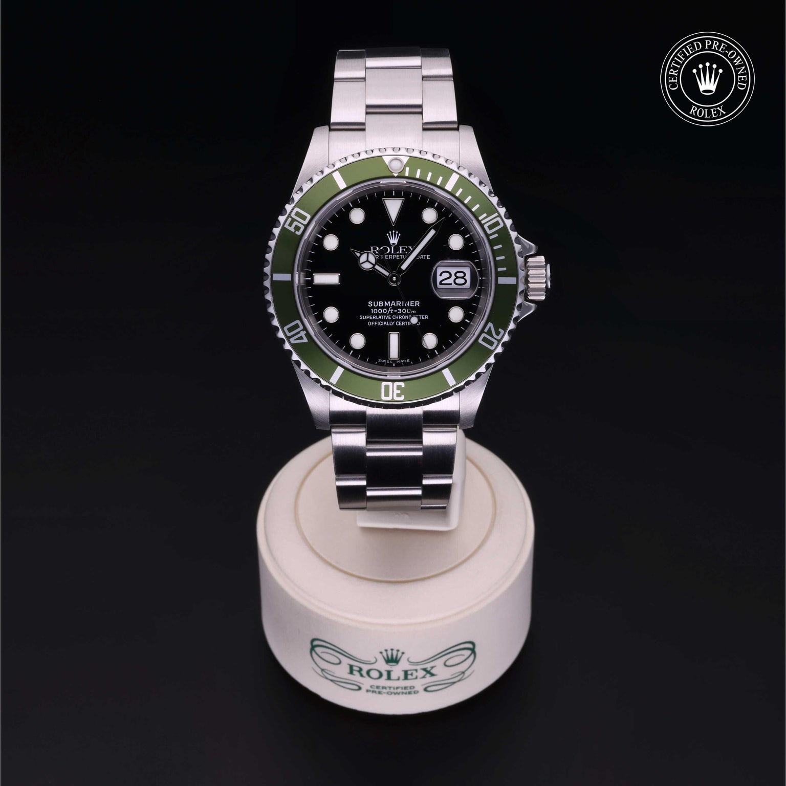 Rolex Certified Pre-owned Submariner M16610LV-0002 front on black background