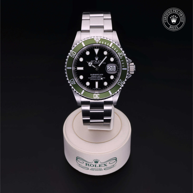 Rolex Certified Pre-owned Submariner M16610LV-0002 front on black background
