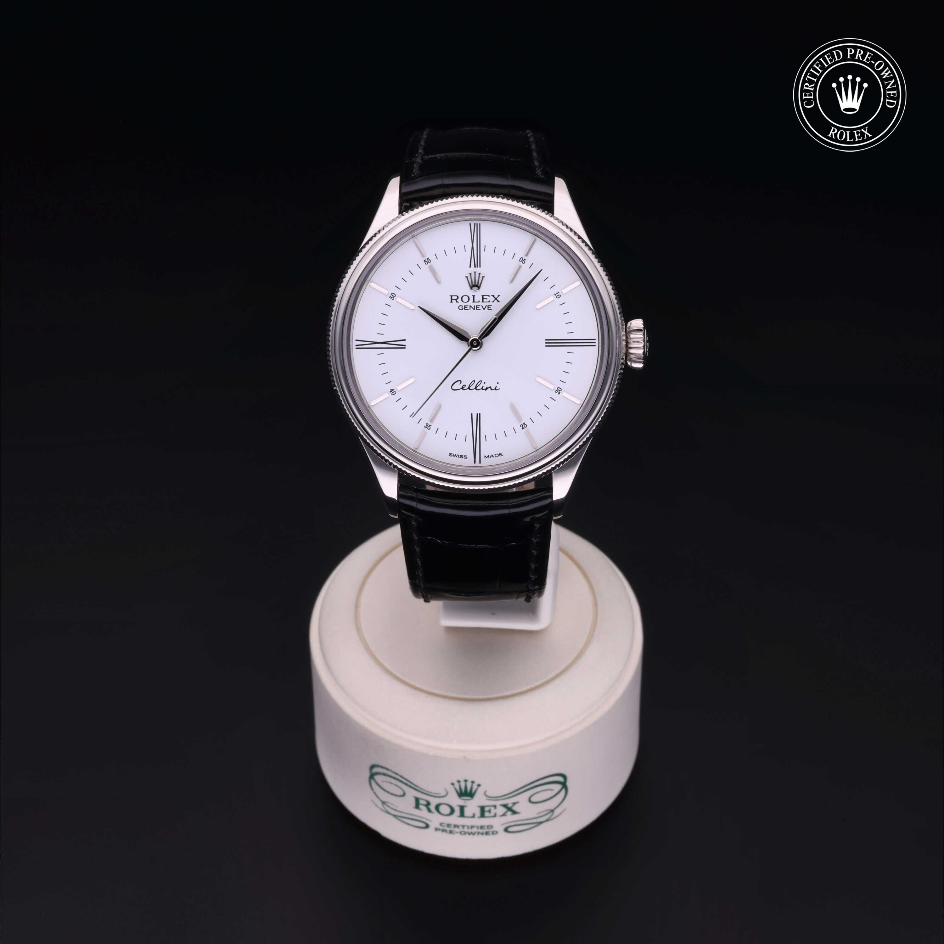 Rolex Certified Pre-owned Cellini M50509-0005 front on black background