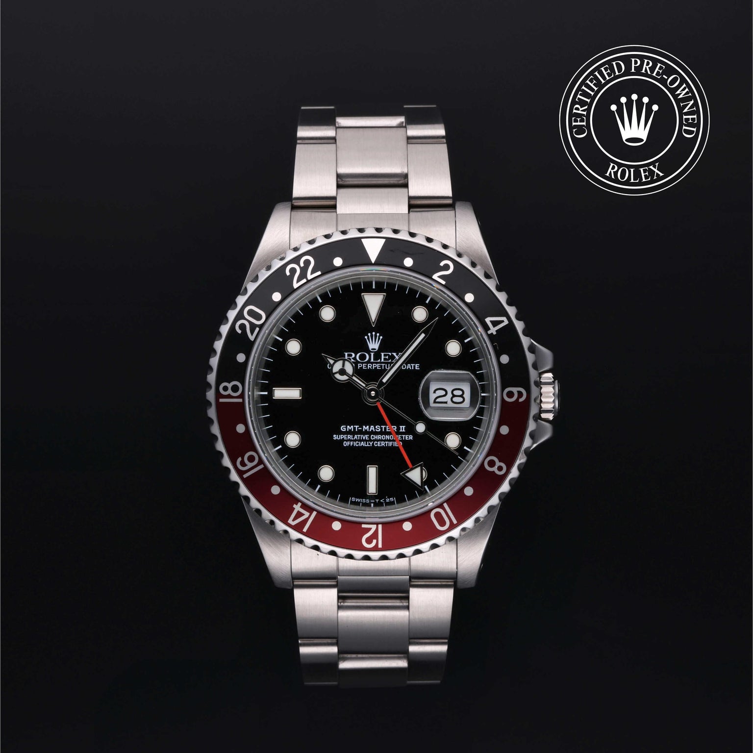 Rolex Certified Pre-owned GMT M16710-0009 front on black background