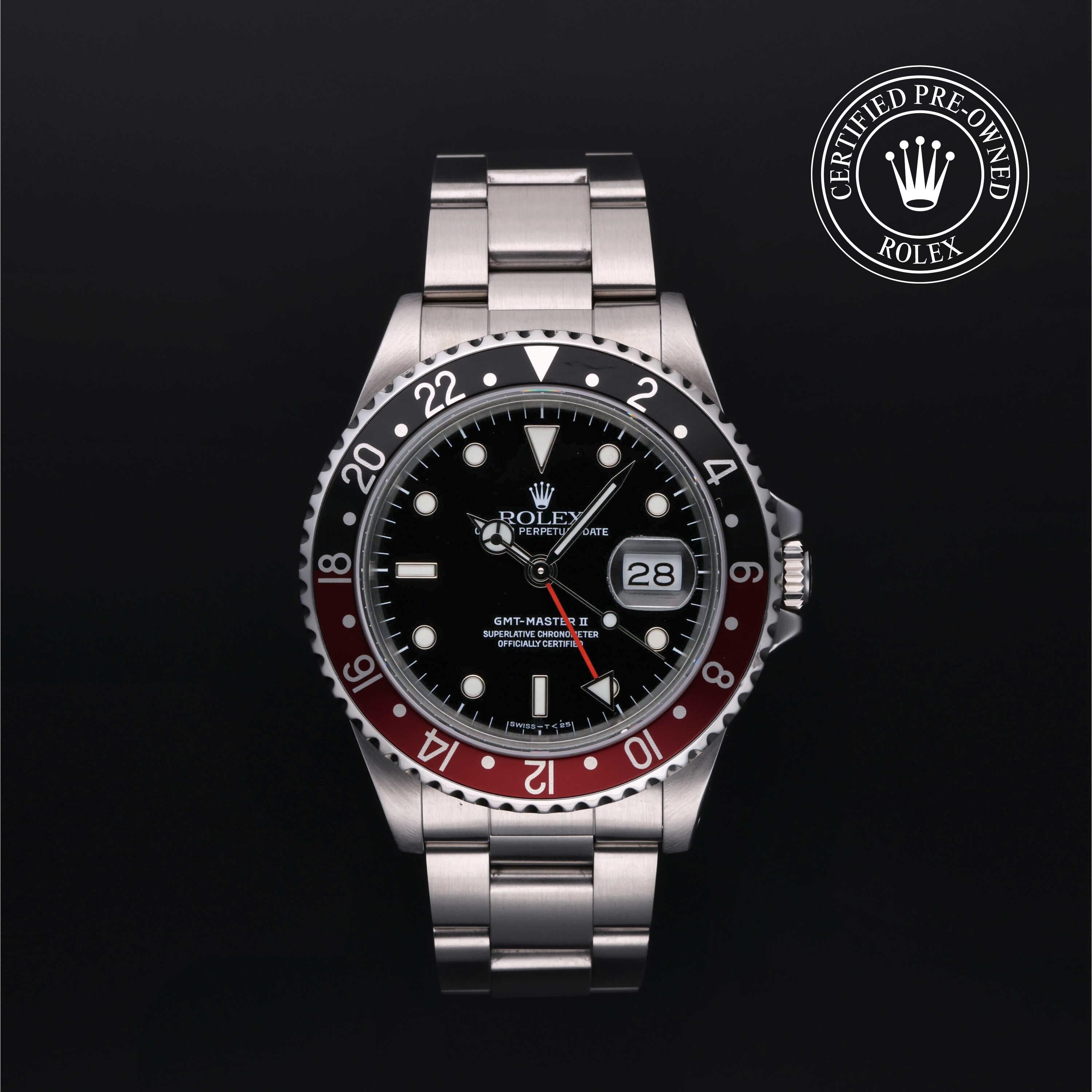 Rolex Certified Pre-owned GMT M16710-0009 front on black background