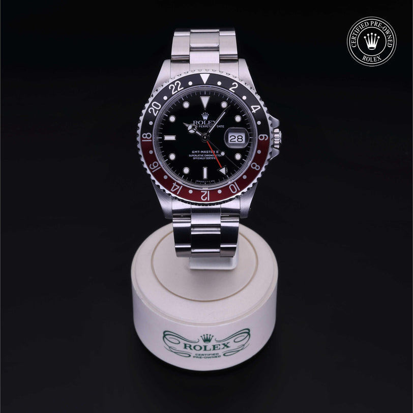 Rolex Certified Pre-owned GMT M16710-0009 front on black background