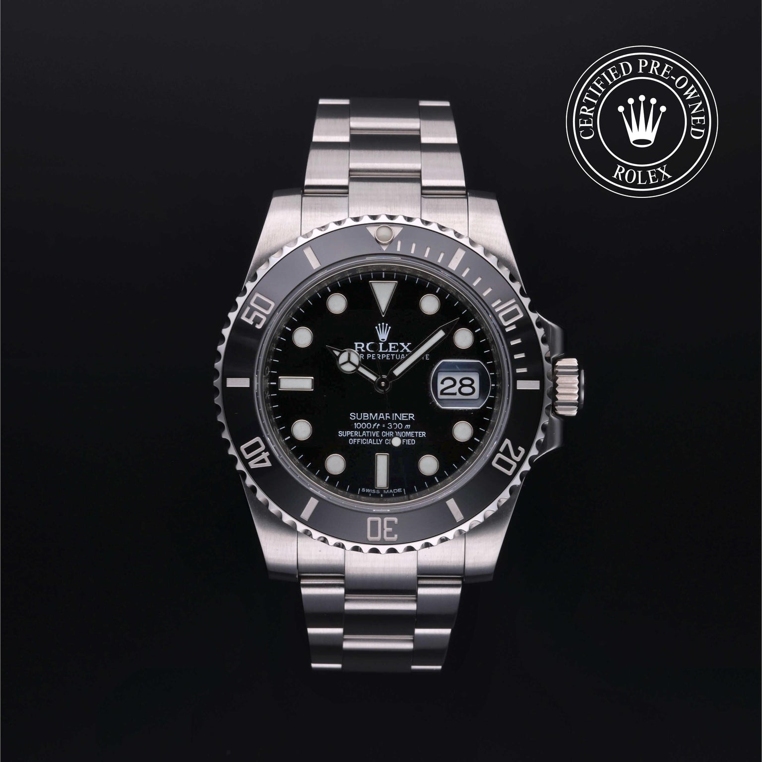 Rolex Certified Pre-owned Submariner M116610LN-0001 front on black background
