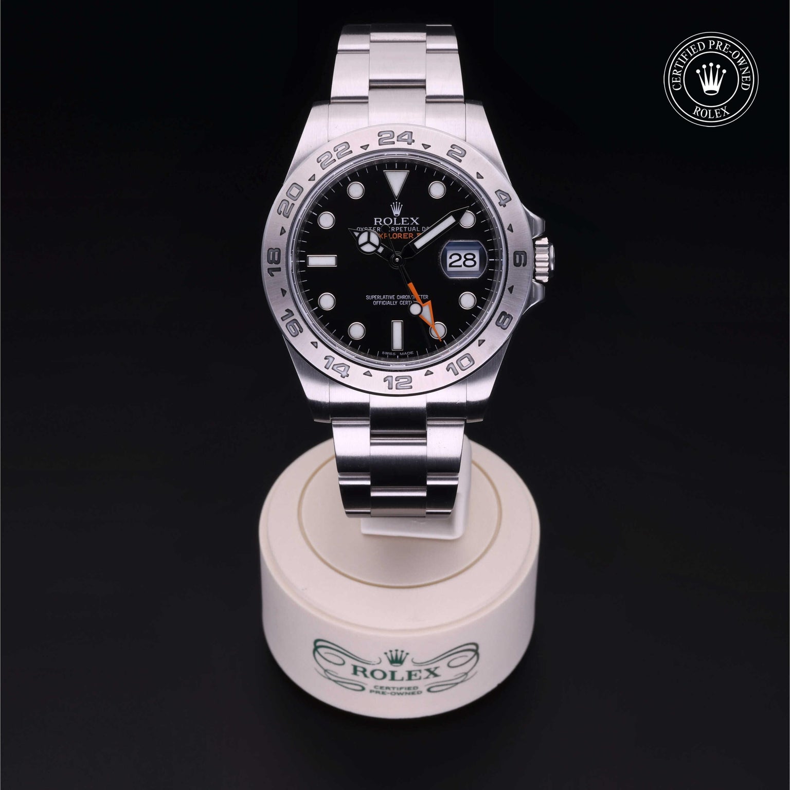 Rolex Certified Pre-owned Explorer M216570-0002 front on black background