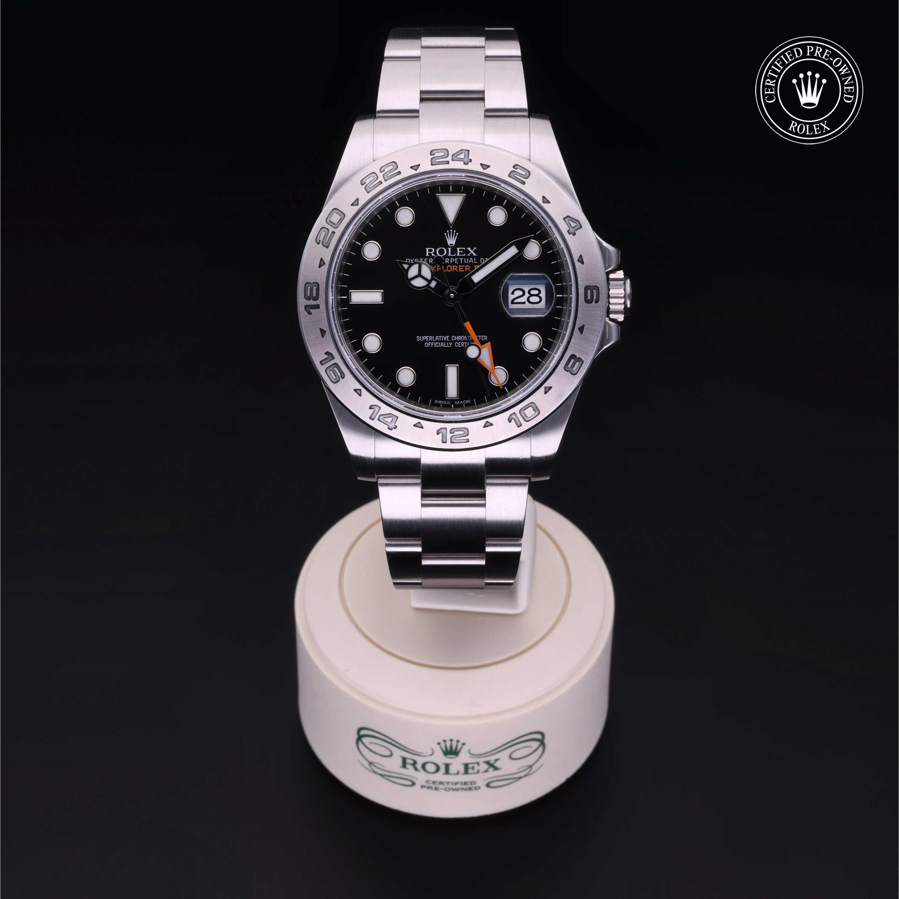 Rolex Certified Pre-owned Explorer M216570-0002 front on black background