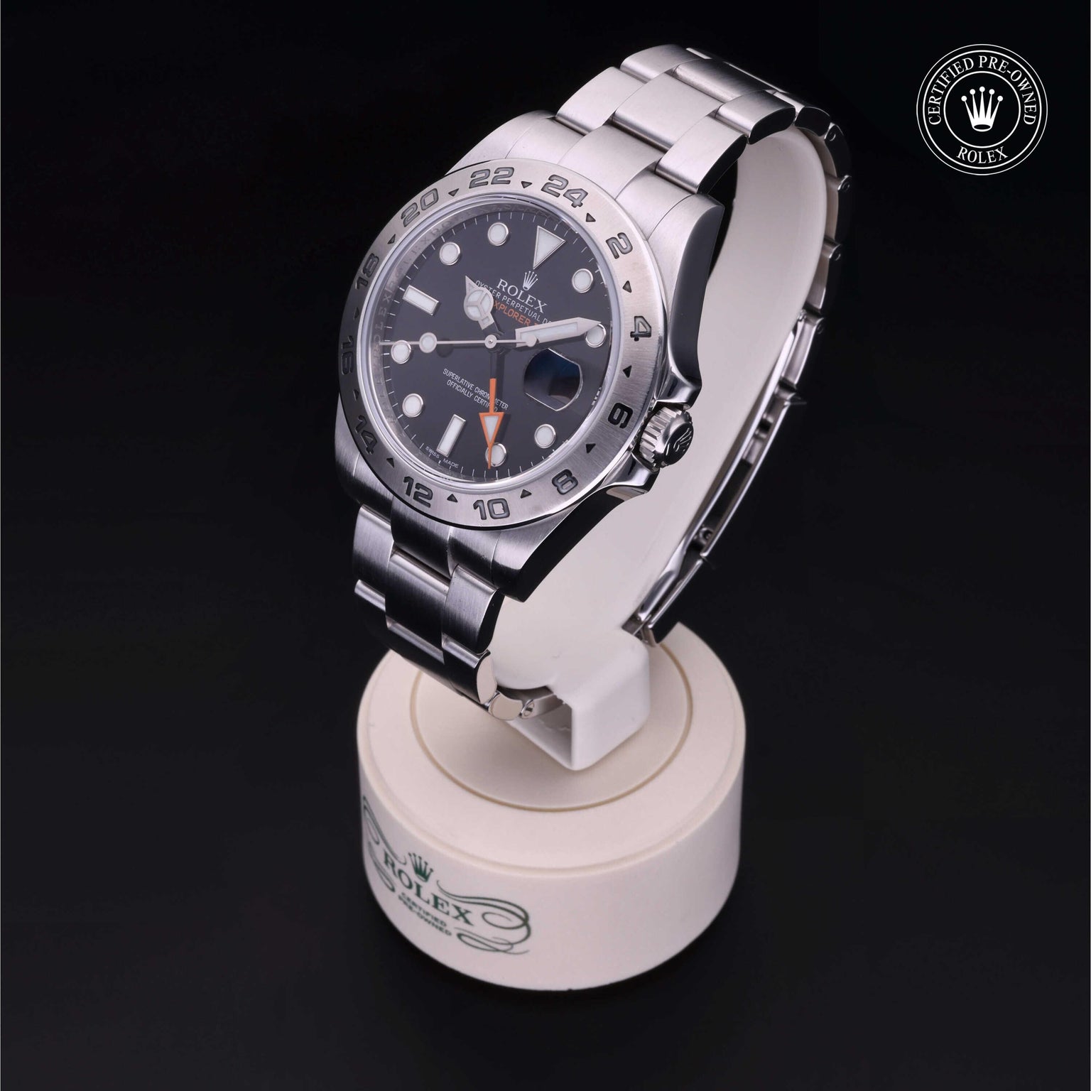 Rolex Certified Pre-owned Explorer M216570-0002 front on black background