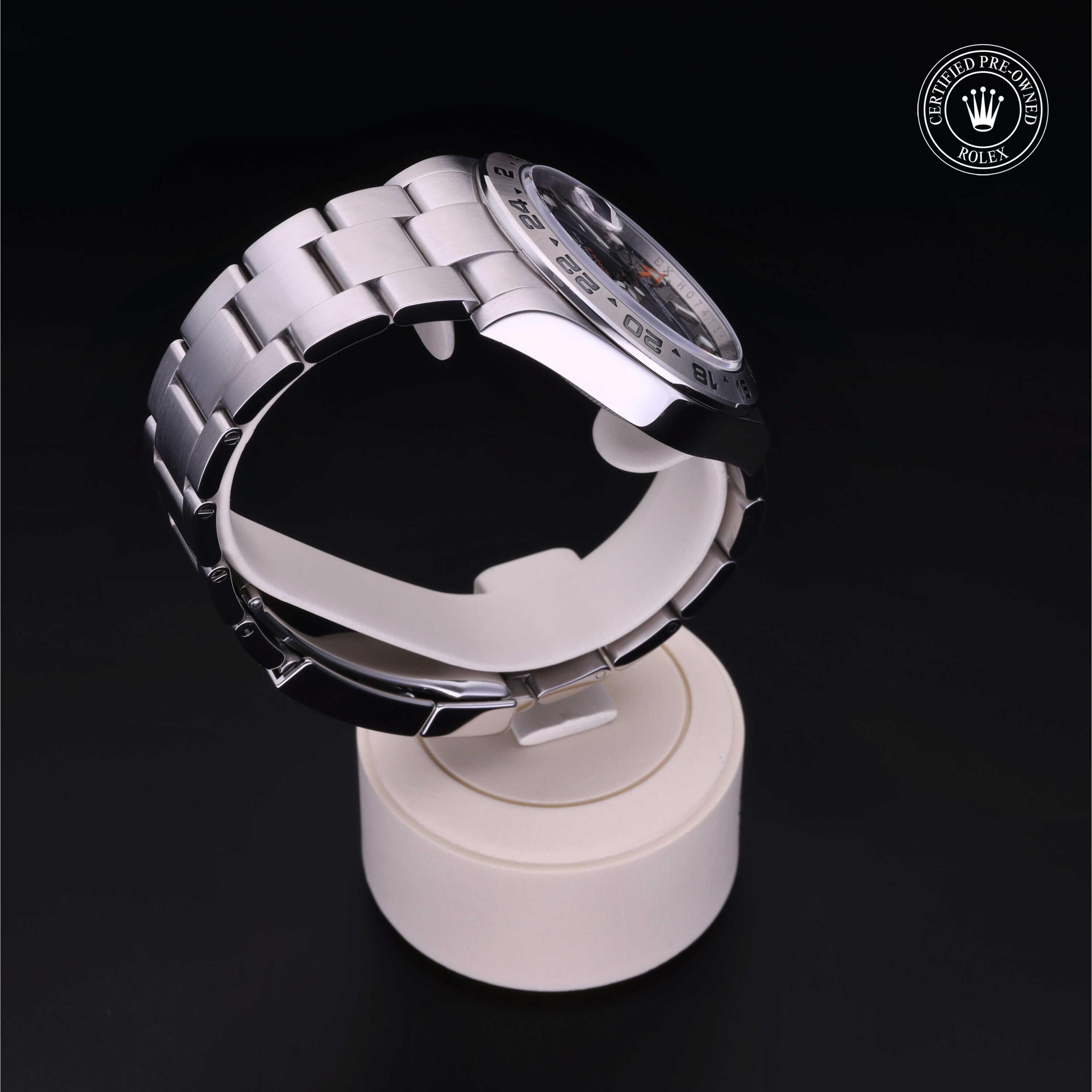 Rolex Certified Pre-owned Explorer M216570-0002 front on black background