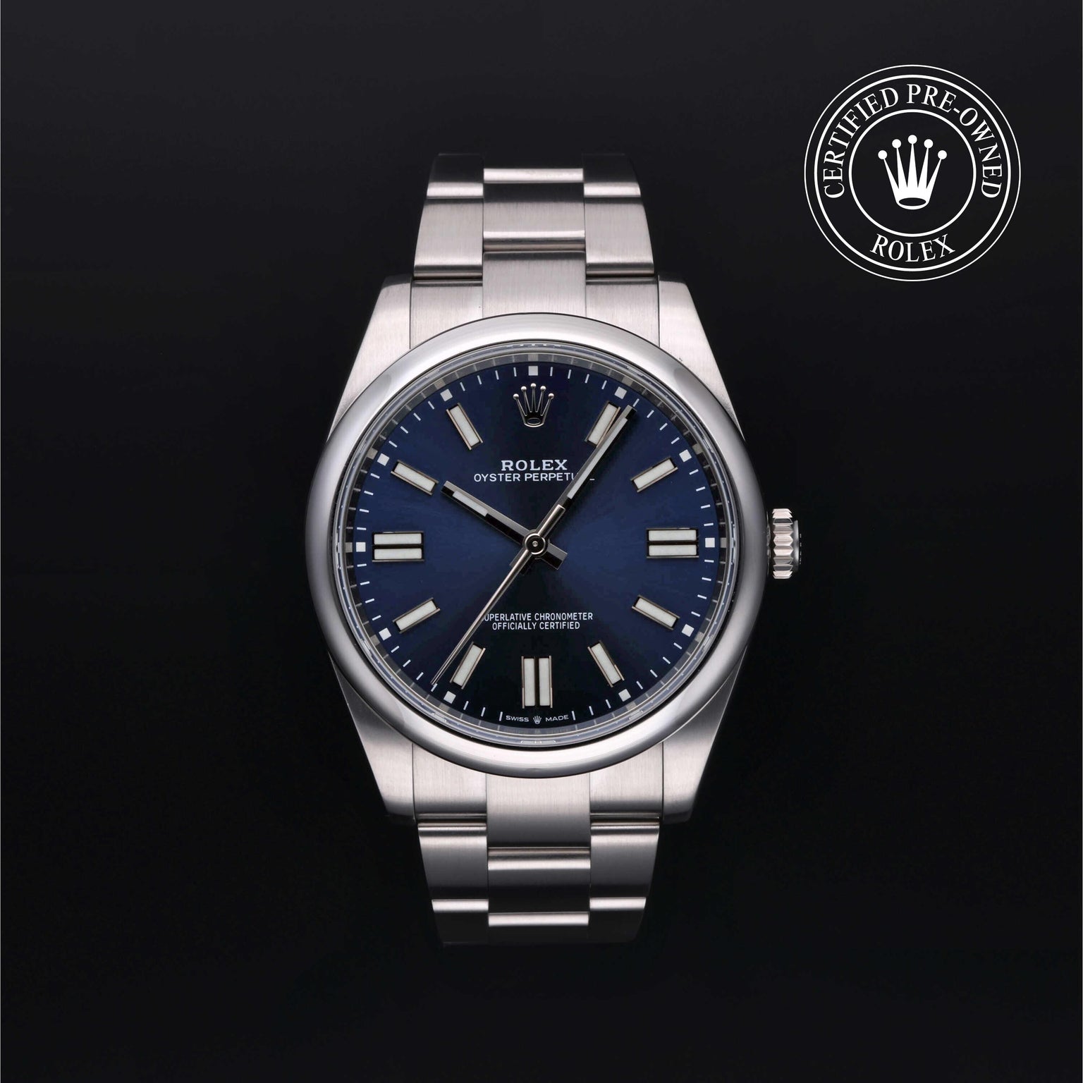 Rolex Certified Pre-owned Oyster Perpetual M124300-0003 front on black background