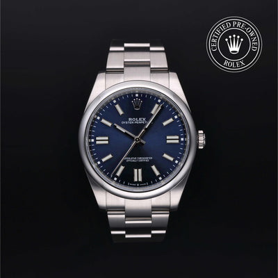 Rolex Certified Pre-owned Oyster Perpetual M124300-0003 front on black background