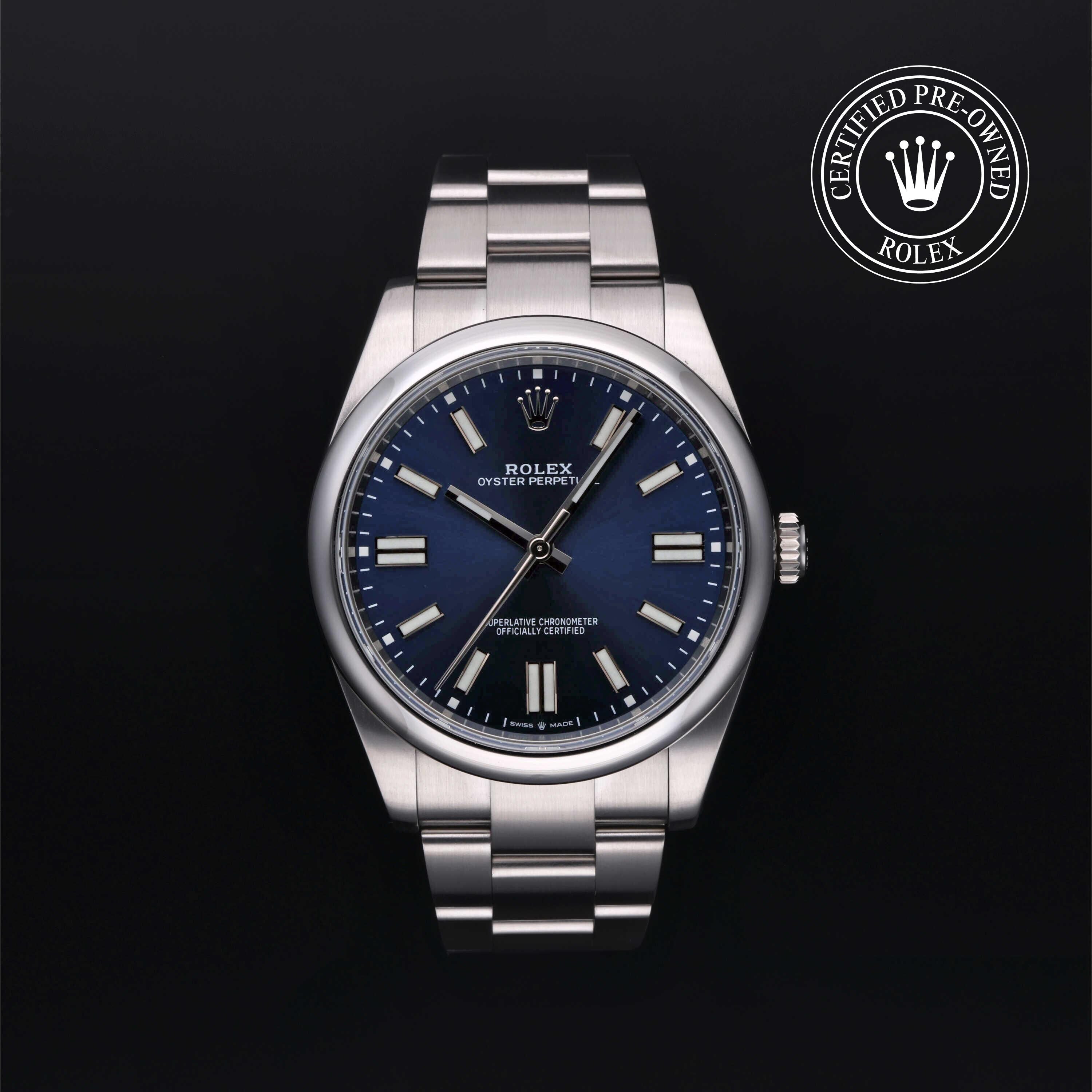 Rolex Certified Pre-owned Oyster Perpetual M124300-0003 front on black background