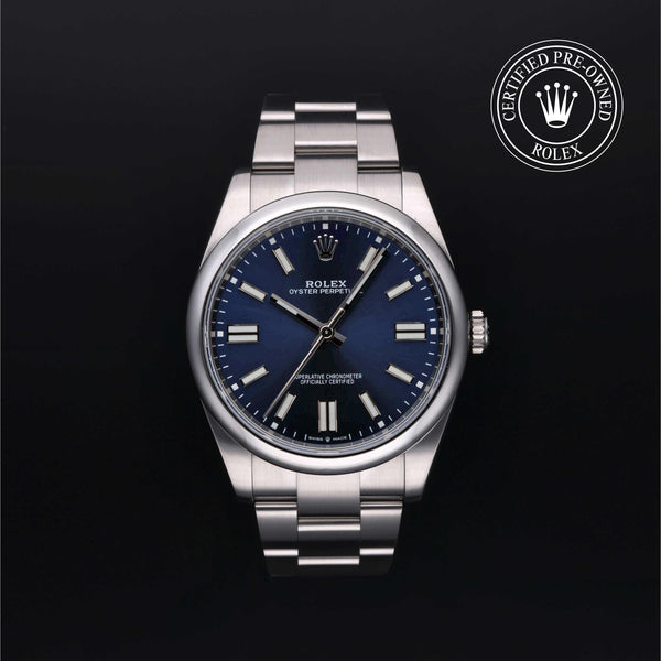 Rolex Certified Pre-owned Oyster Perpetual M124300-0003 front on black background
