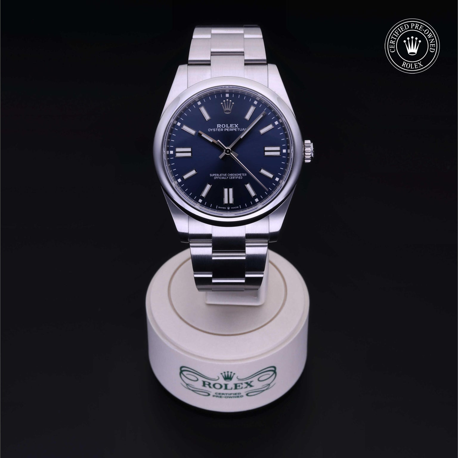 Rolex Certified Pre-owned Oyster Perpetual M124300-0003 front on black background