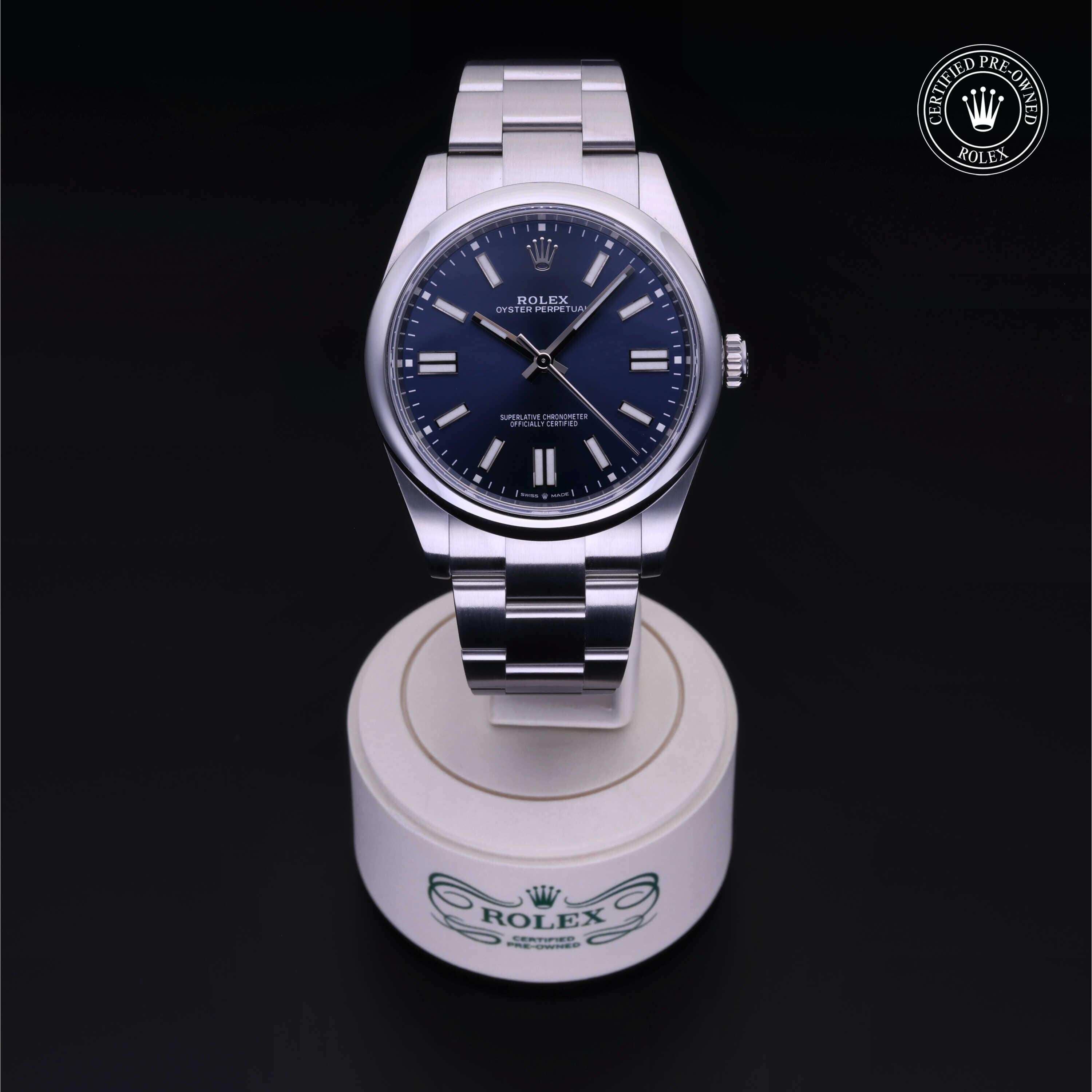 Rolex Certified Pre-owned Oyster Perpetual M124300-0003 front on black background