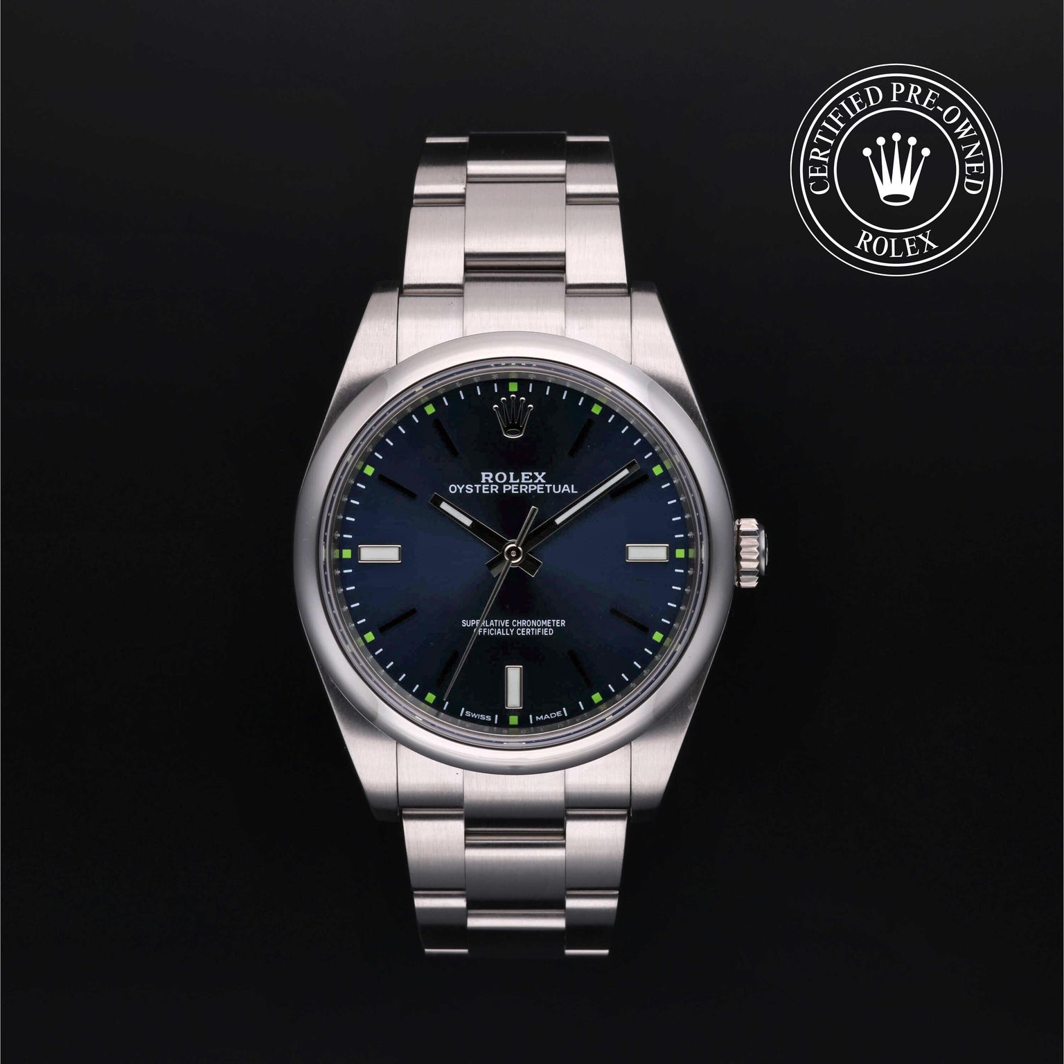 Rolex Certified Pre-owned Oyster Perpetual M114300-0003 front on black background