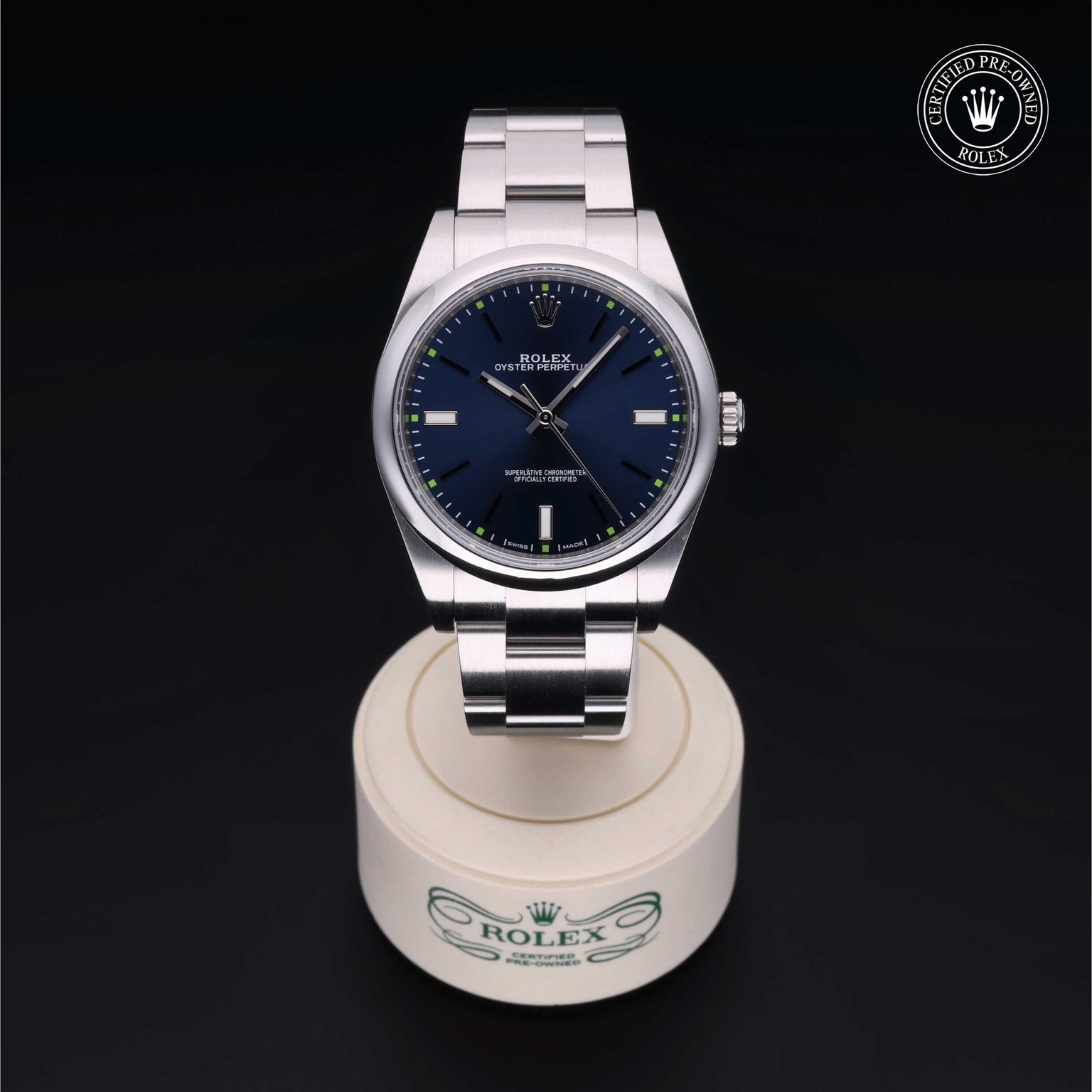 Rolex Certified Pre-owned Oyster Perpetual M114300-0003 front on black background