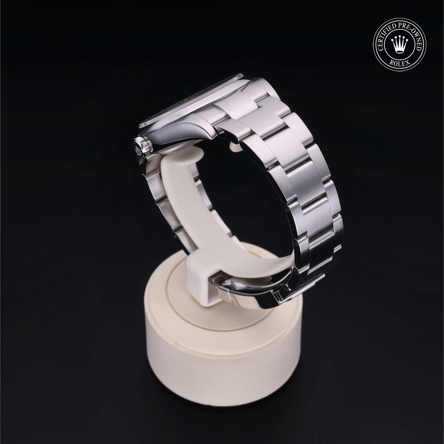 Rolex Certified Pre-owned Oyster Perpetual M114300-0003 front on black background