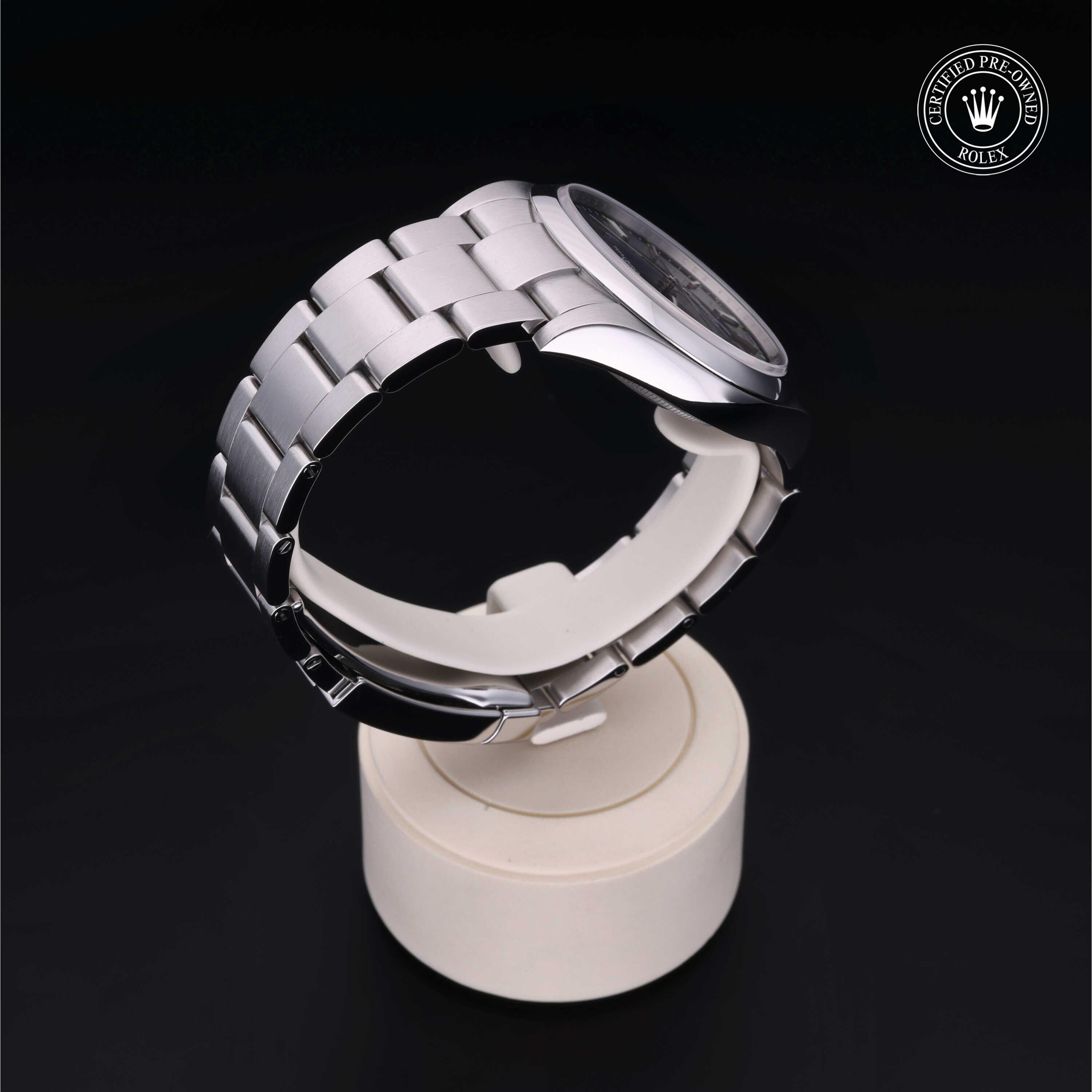 Rolex Certified Pre-owned Oyster Perpetual M114300-0003 front on black background